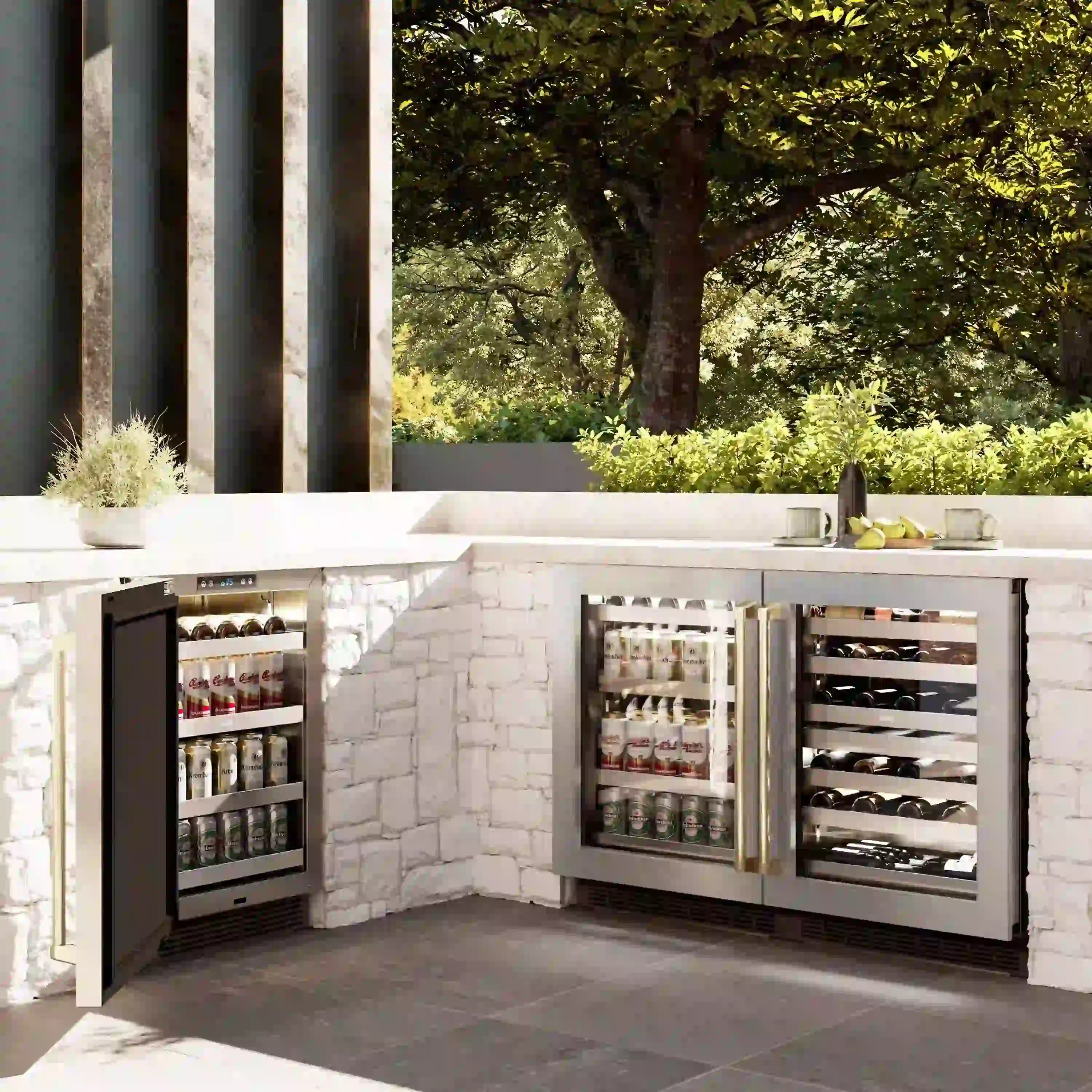 Built-in beverage fridge with two open glass doors, showing bottle and can racks