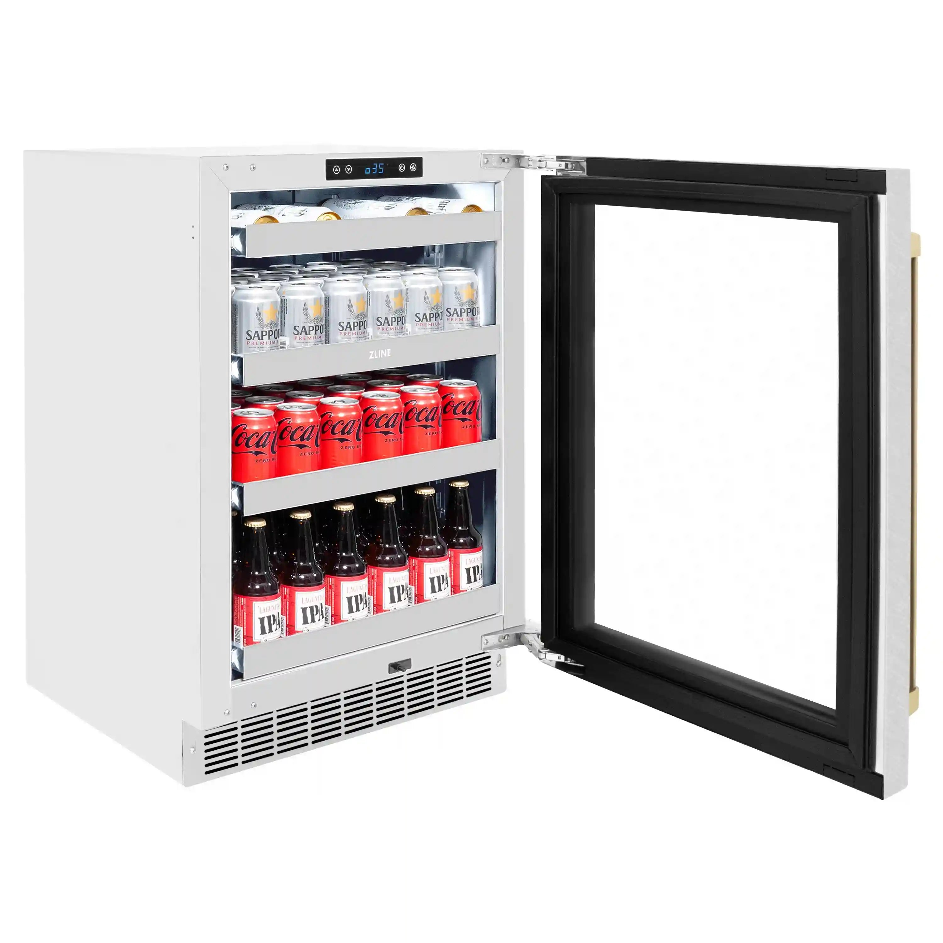 24 in beverage fridge with satin stainless body, open glass door, and can shelves