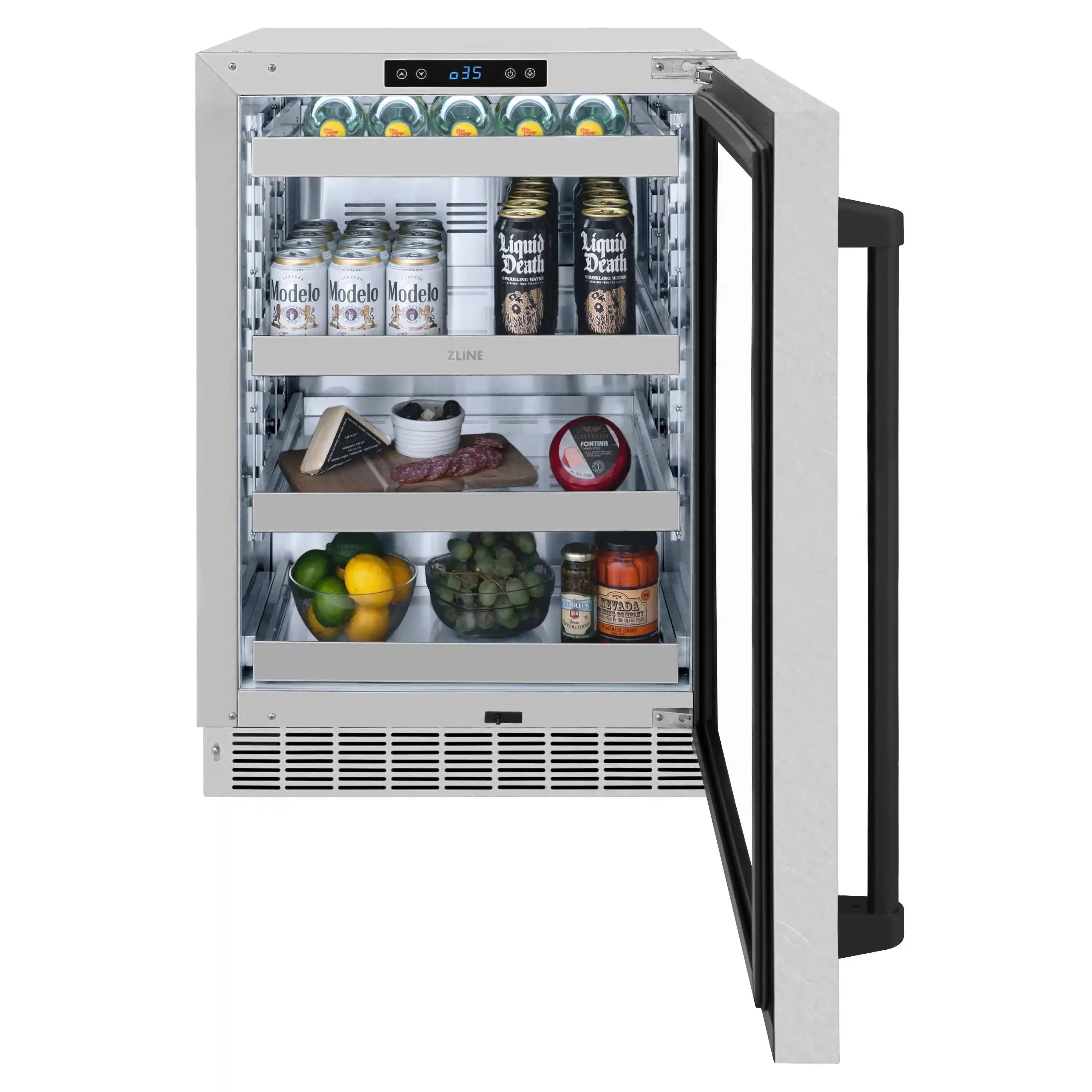 Can beverage refrigerator with door open, interior shelves with bottles, jars, and food items