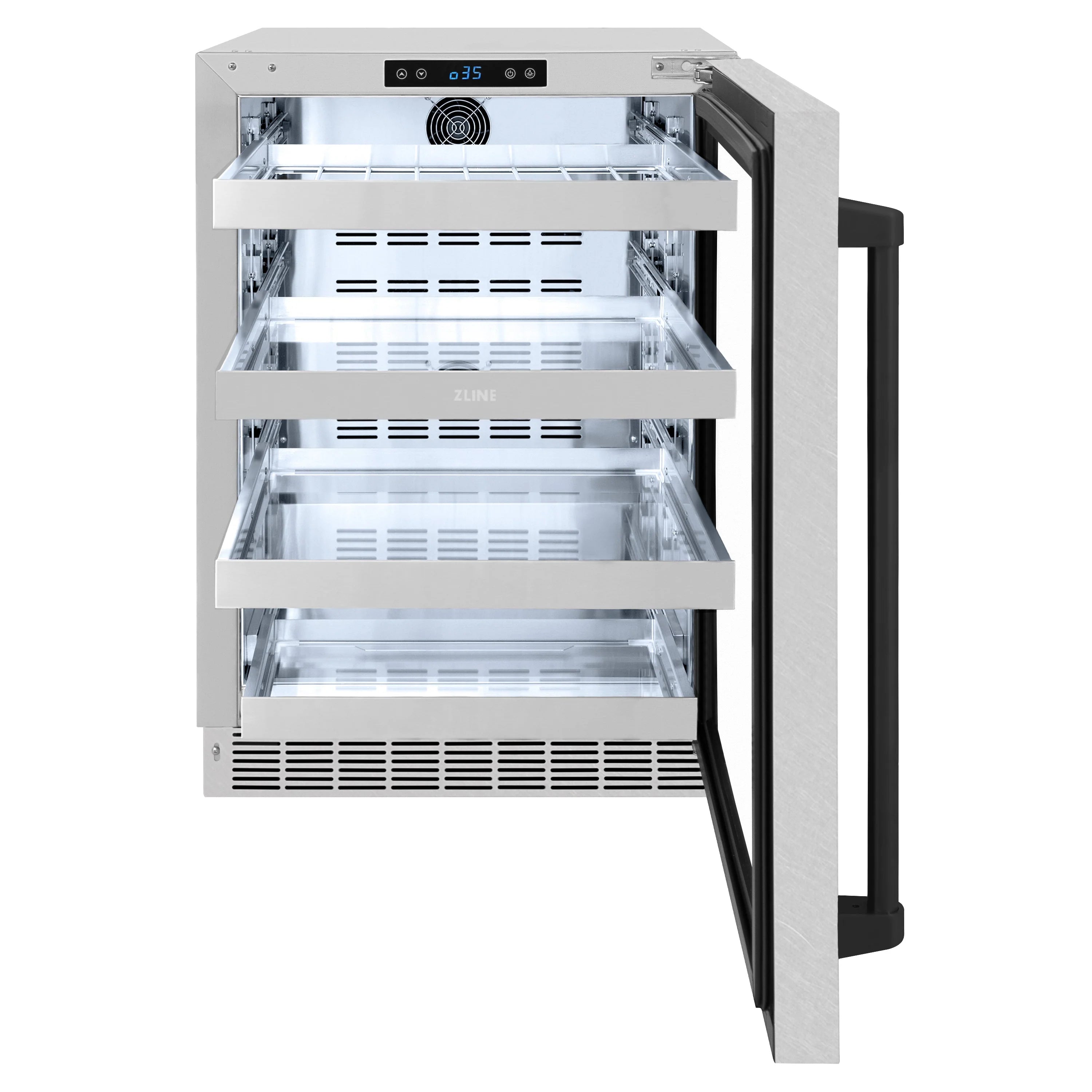 Built-in beverage fridge with glass door open, white interior shelves