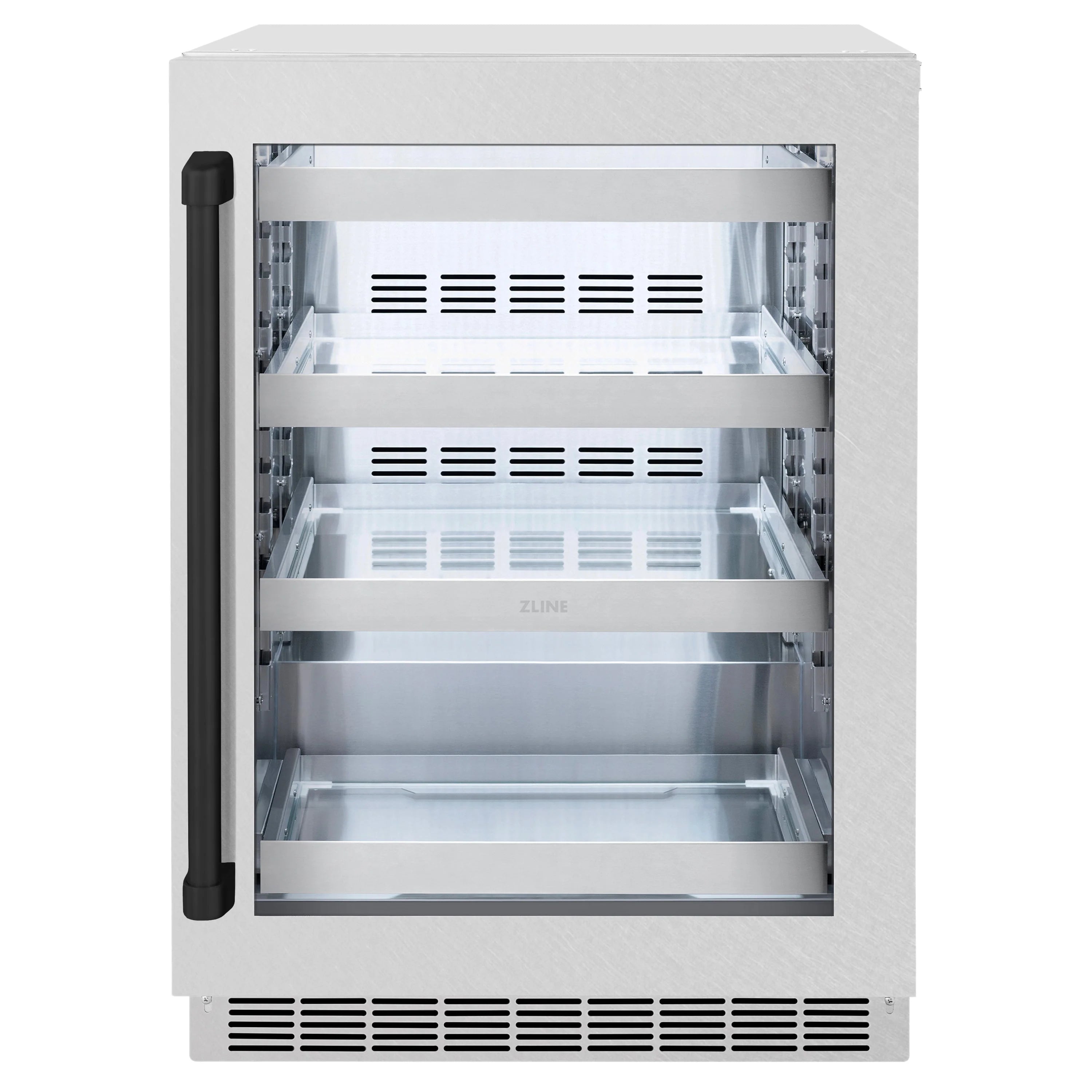 Open can beverage refrigerator with glass door, clear interior shelves, and bottom vents