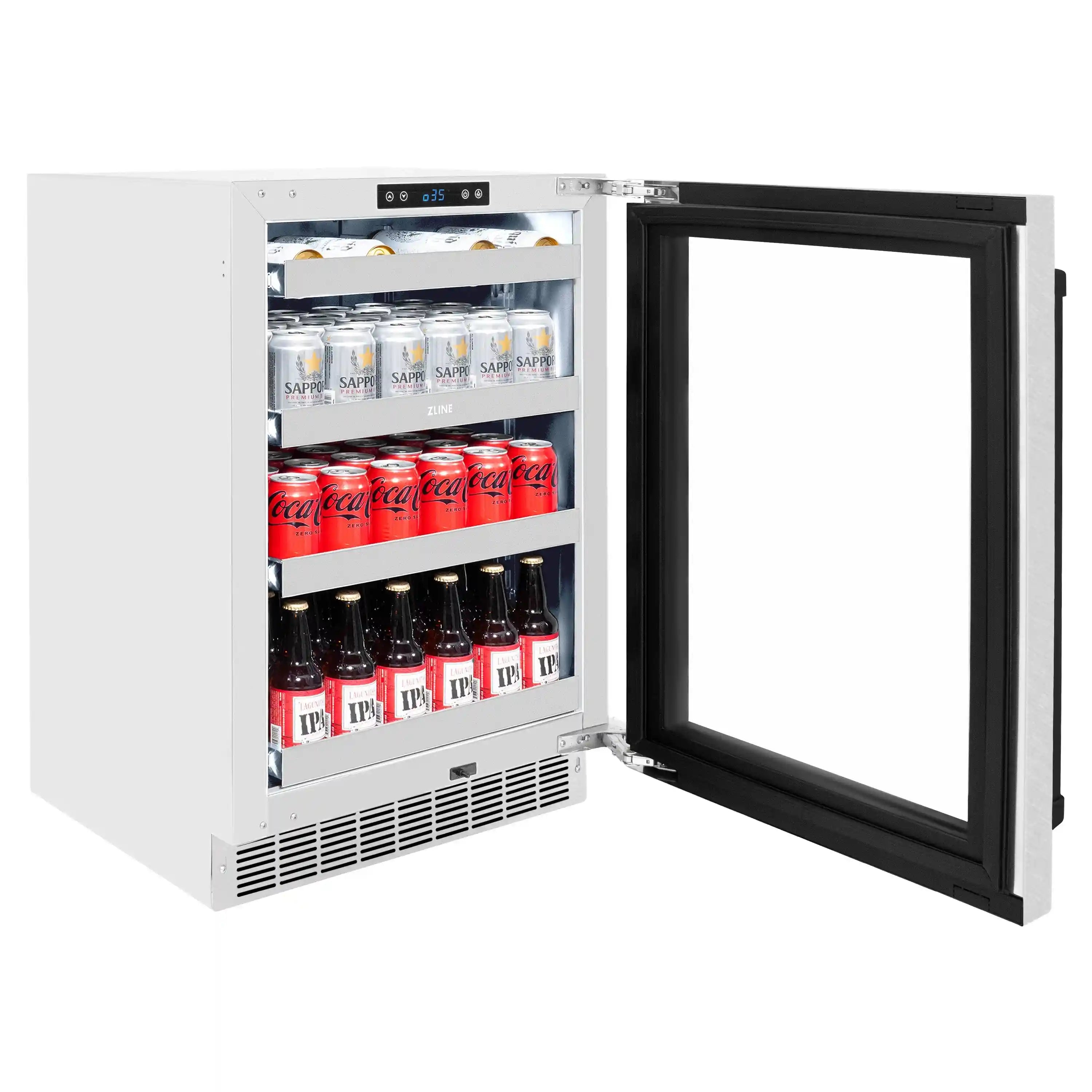 Can beverage refrigerator with door open, visible bottles and cans on interior shelves