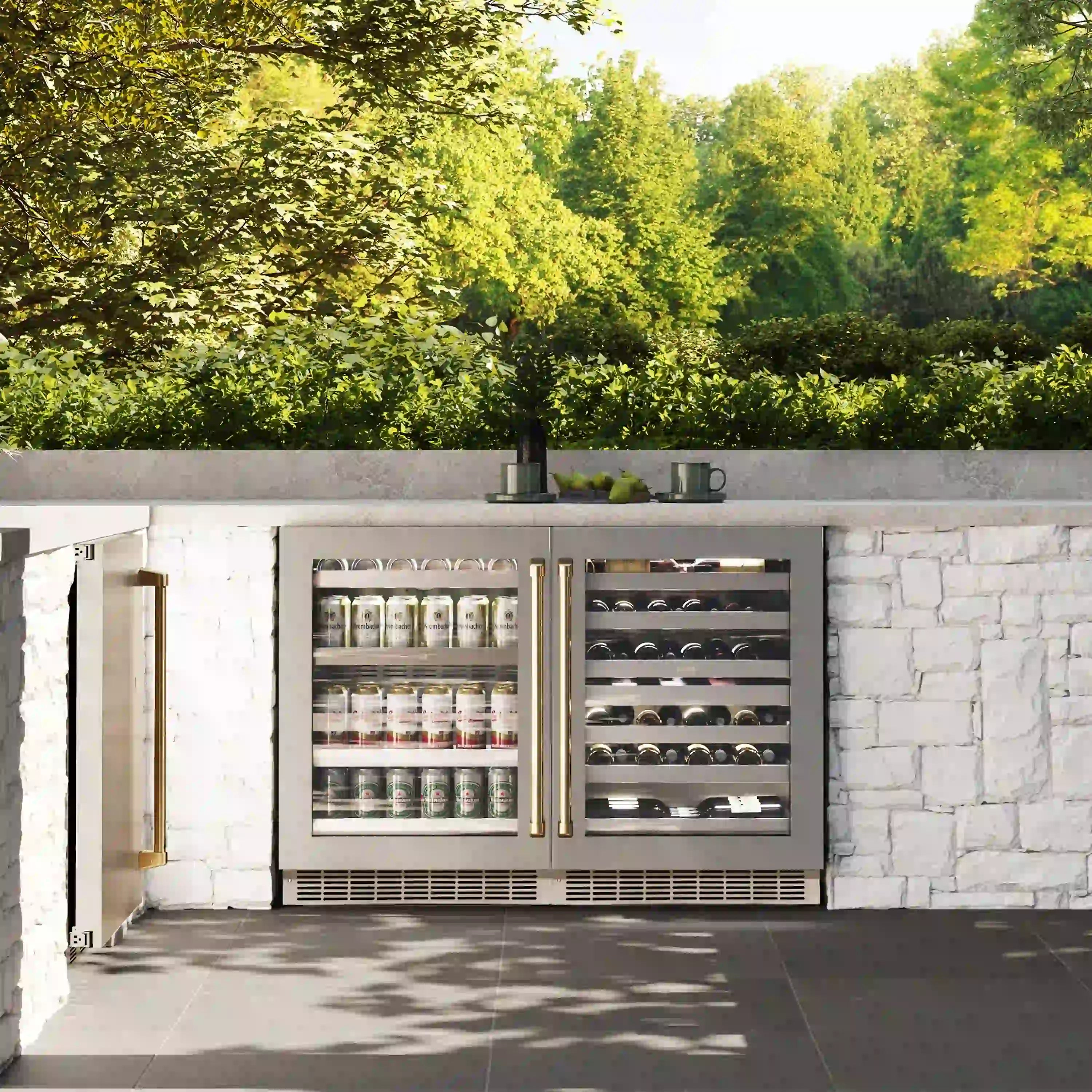 Outdoor built-in dual-zone wine cooler with glass doors and interior bottle racks