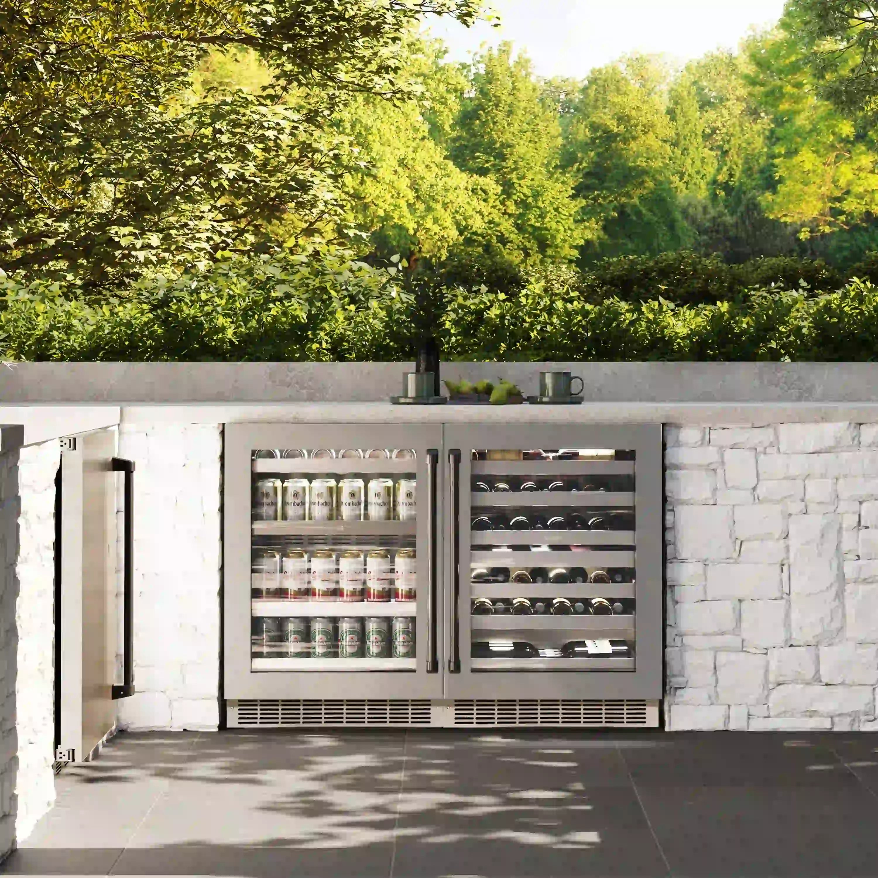 Built-in outdoor wine cooler with two glass-door compartments and bottle racks