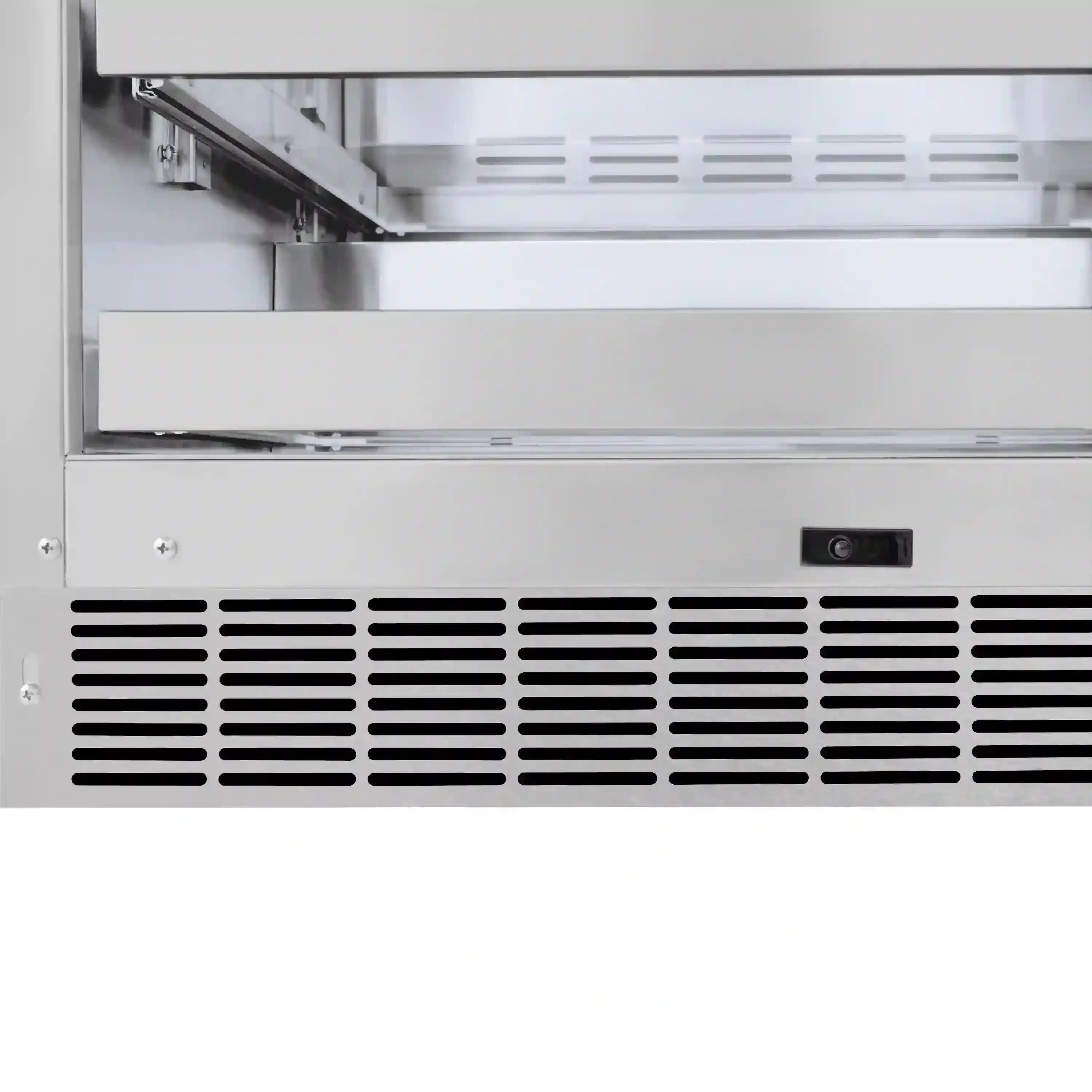 Wine cooler front vent panel with matte black grille and stainless steel body
