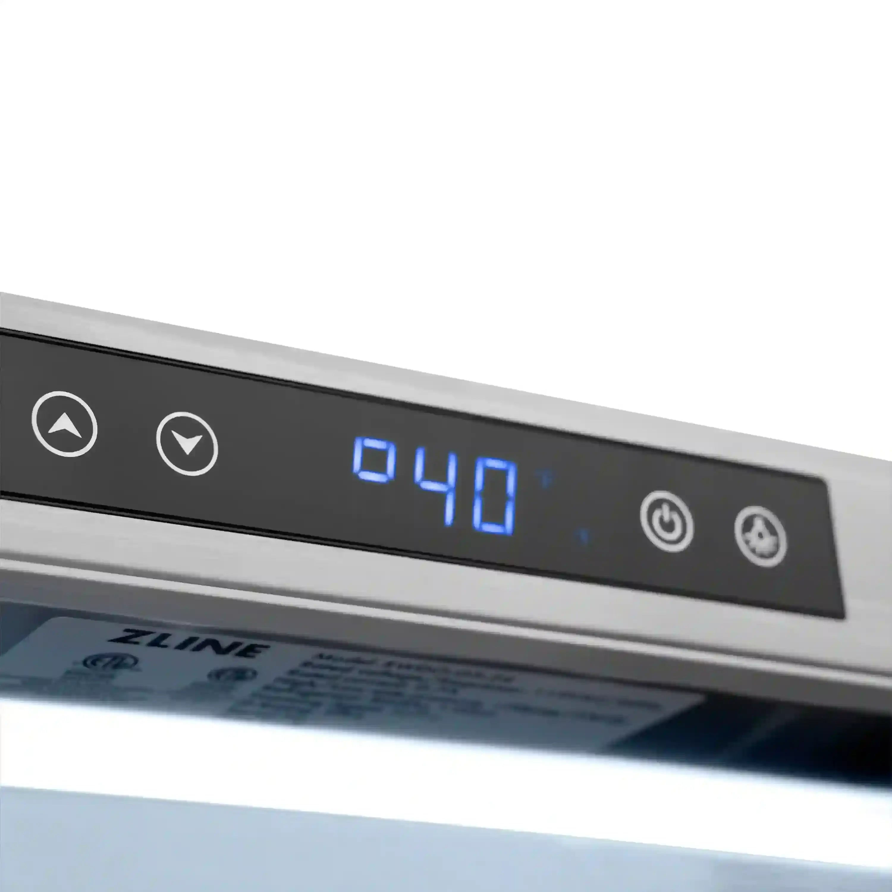 Wine cooler touch control panel with blue digital display and power buttons