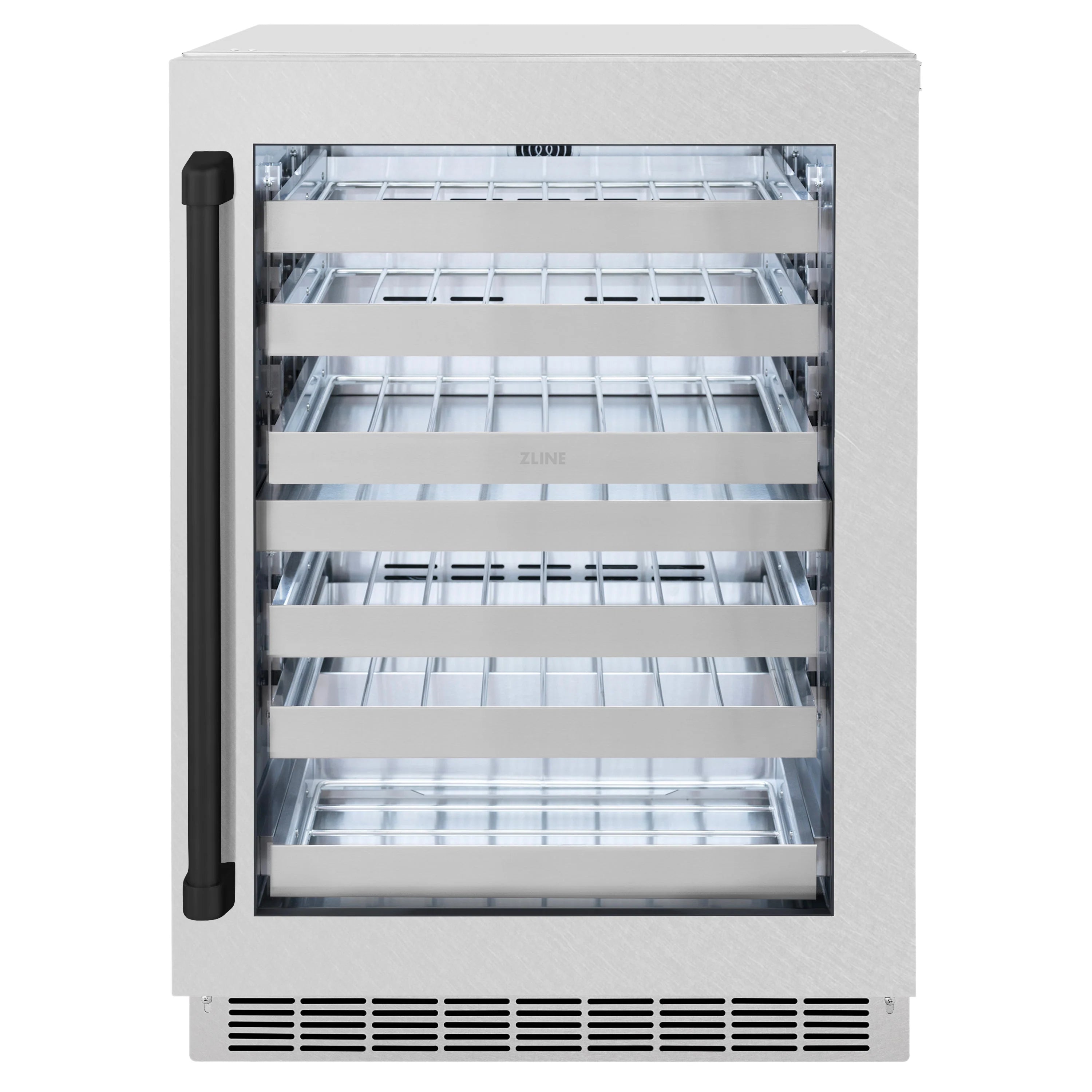 Satin stainless wine cooler with glass door and interior dual-zone racking shelves