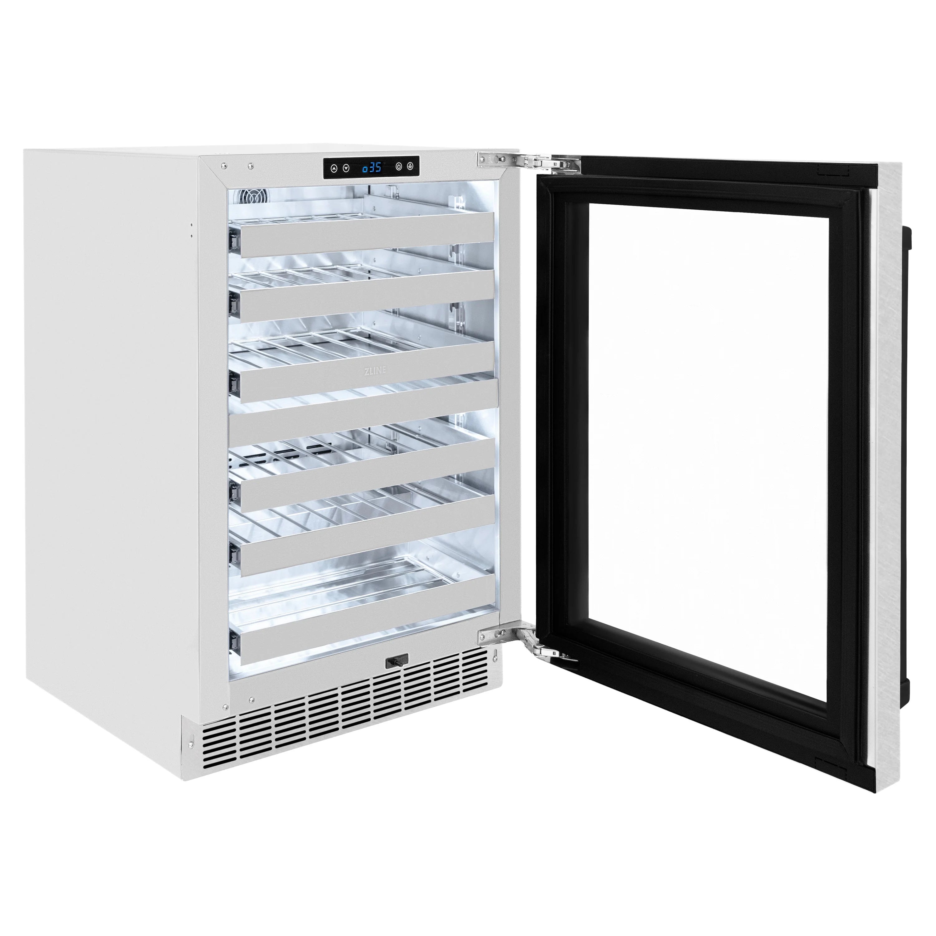 Wine cooler cabinet with open black-framed glass door and chrome wire racks