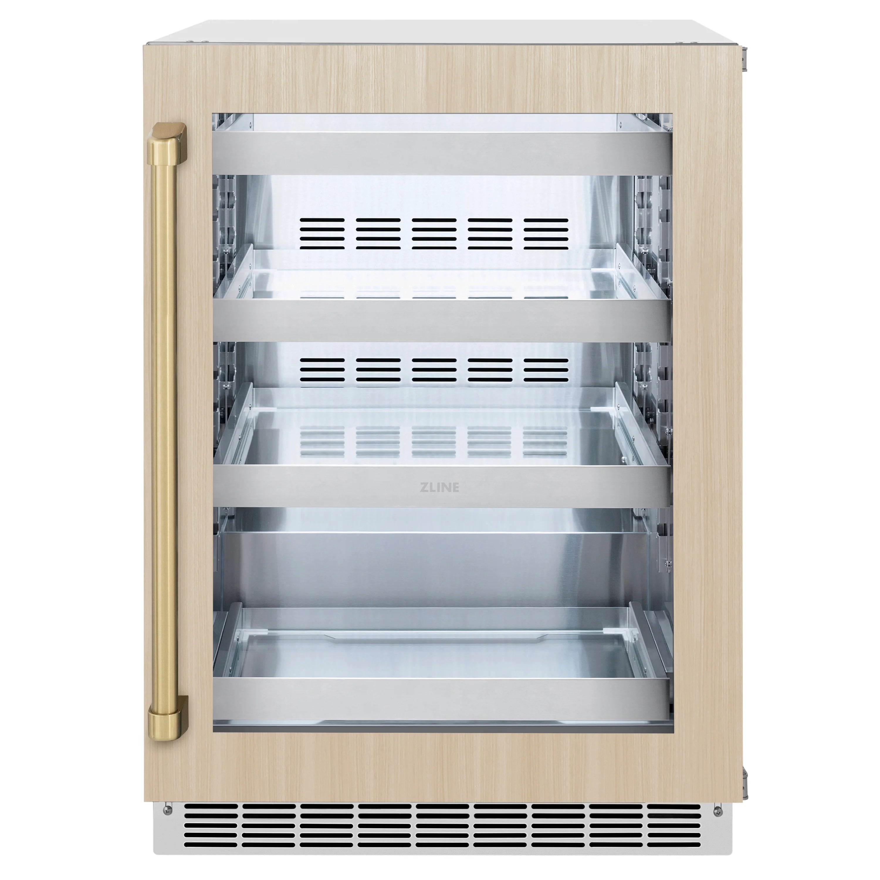 Panel-ready 24-inch beverage fridge with light wood cabinet and bronze handle