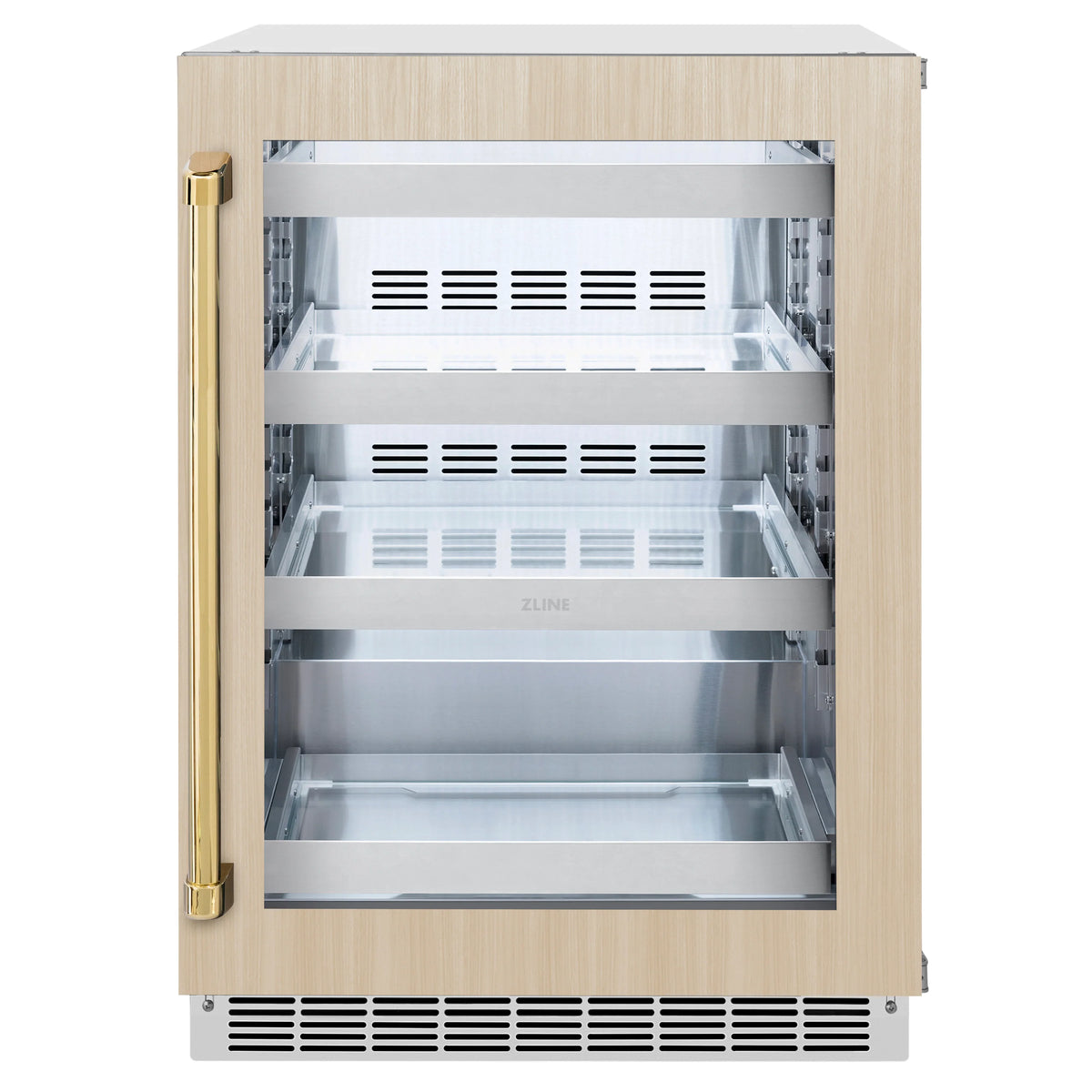 Panel-ready beverage fridge with light wood cabinet and gold handle, open glass door