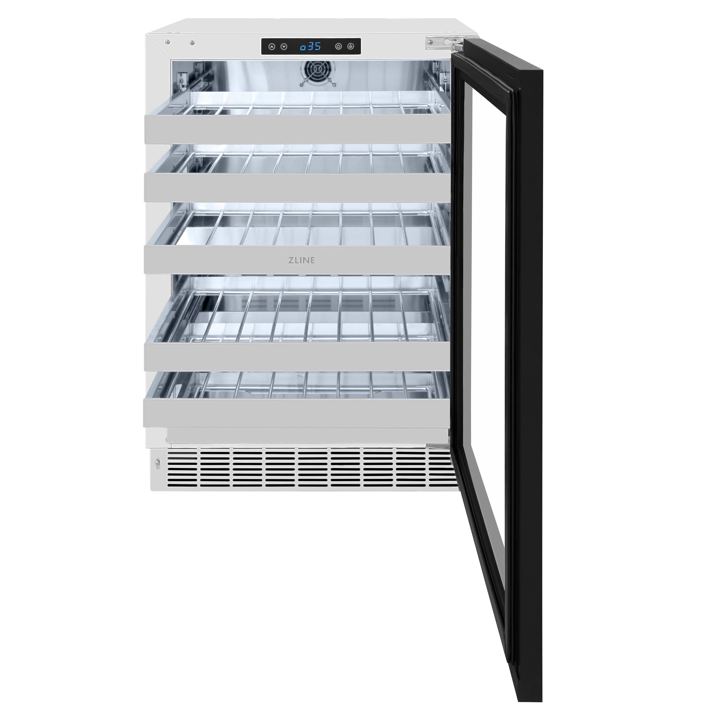 Freestanding wine cooler with glass door open, stainless shelves inside