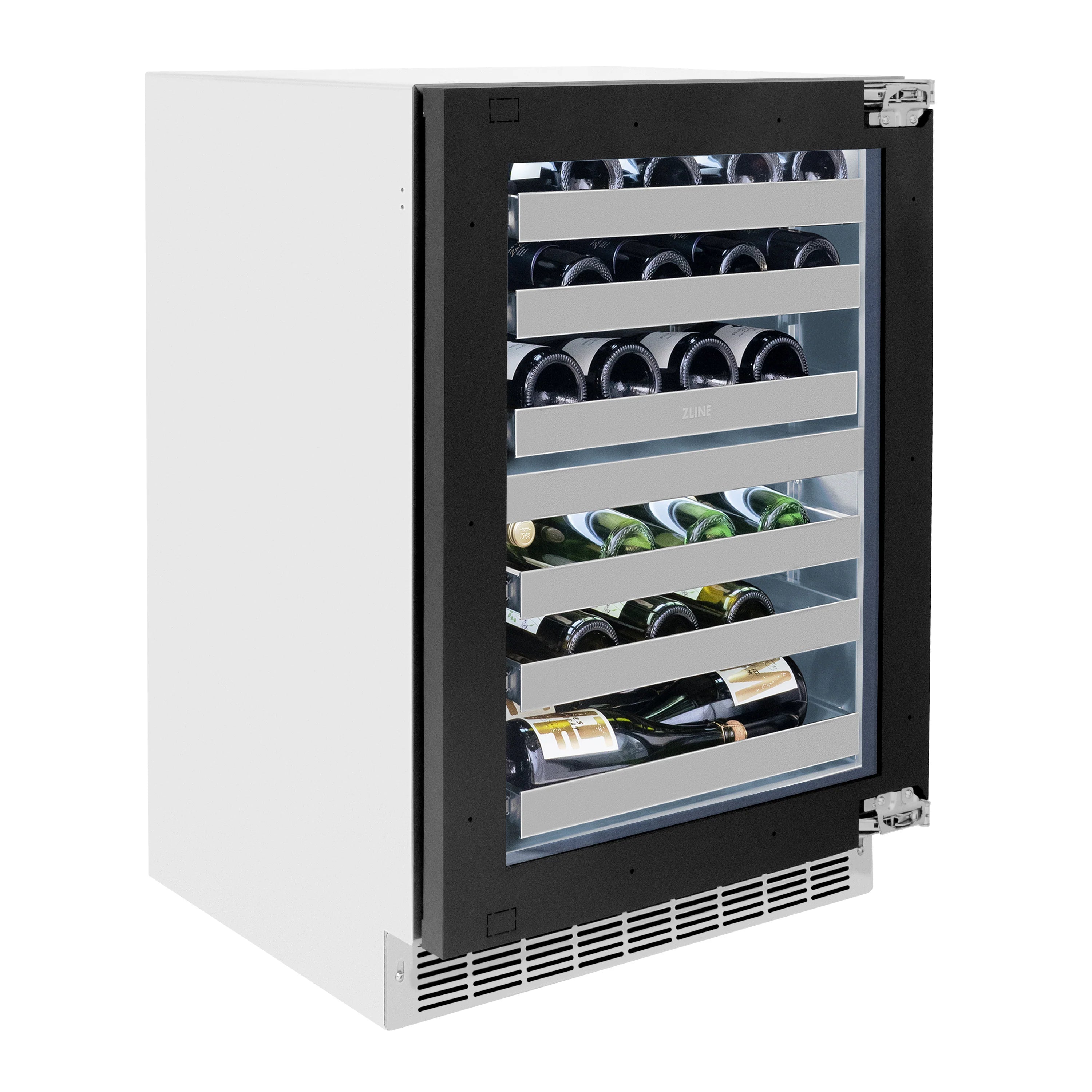 Wine cooler with black glass door and front vent grille, bottles on shelves
