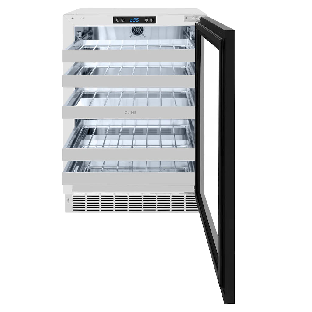 Wine cooler with open door, stainless shelves, and black side handle