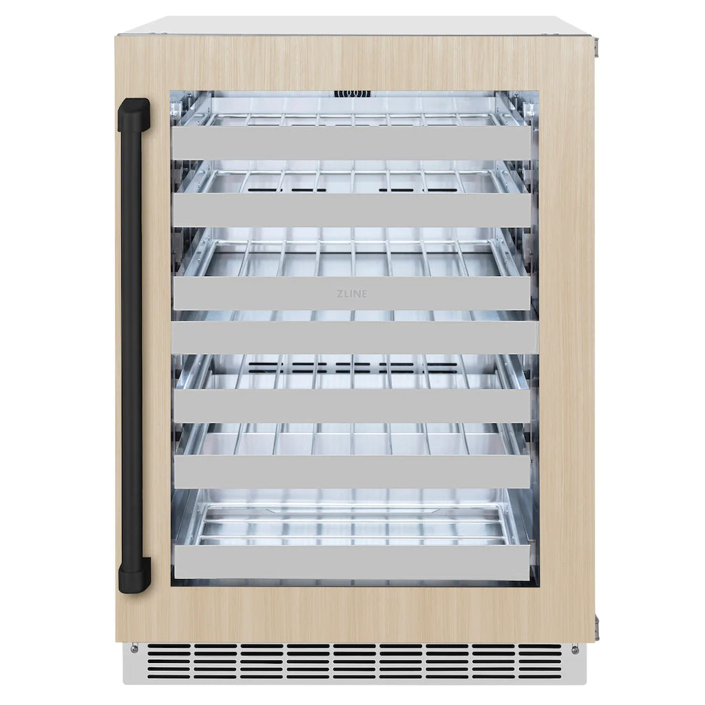 Wine cooler with light wood surround, matte black handle, and clear glass door