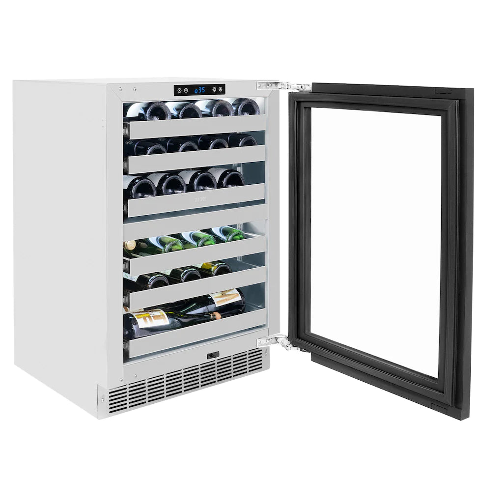 Built-in wine cooler with glass door swung open, showing bottle storage racks