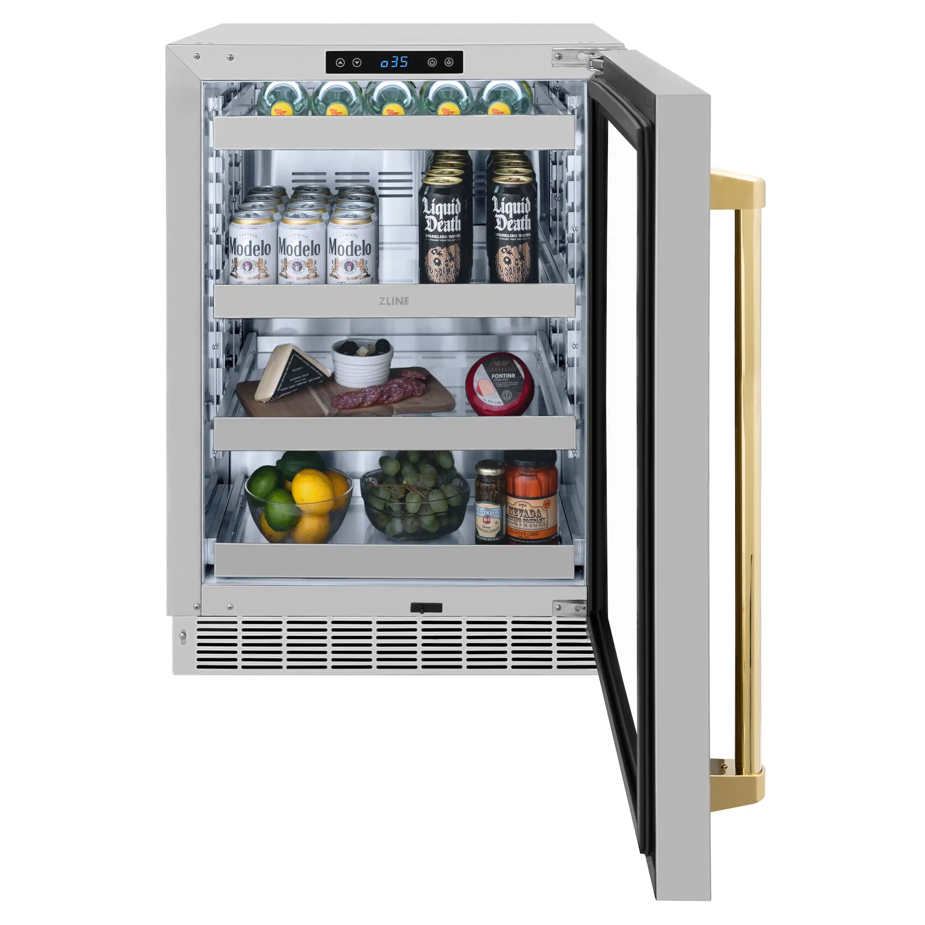 Beverage fridge stocked with cans, jars, and food items on stainless shelves