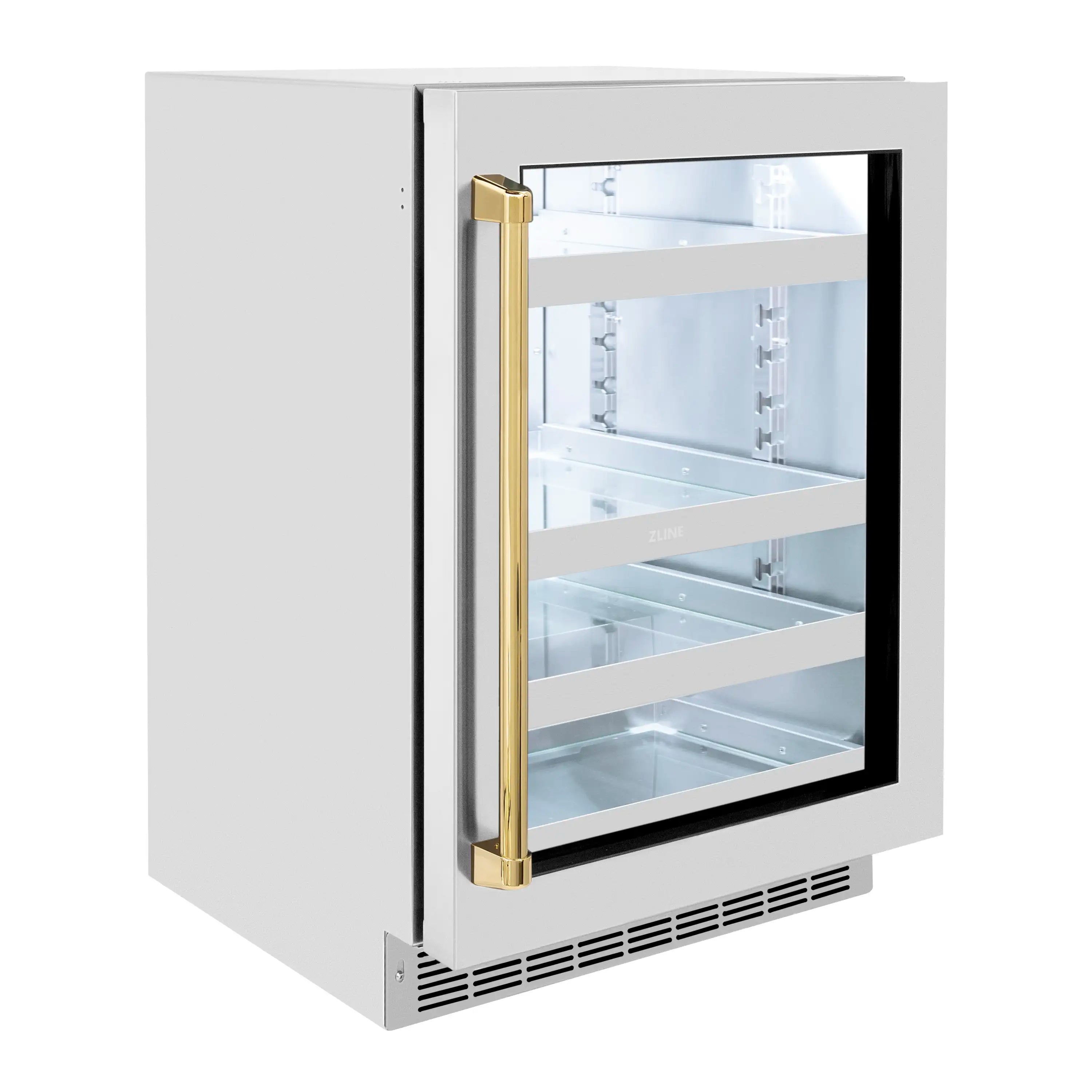 24-inch beverage fridge with glass door open and polished gold side handle, black frame