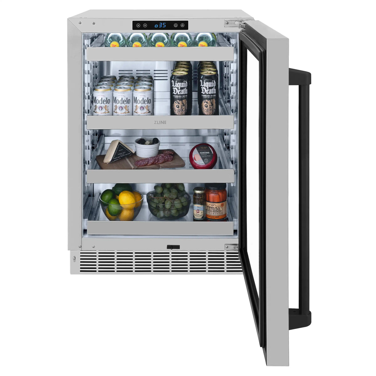 Beverage refrigerator with glass door and black handle, stocked shelves with drinks