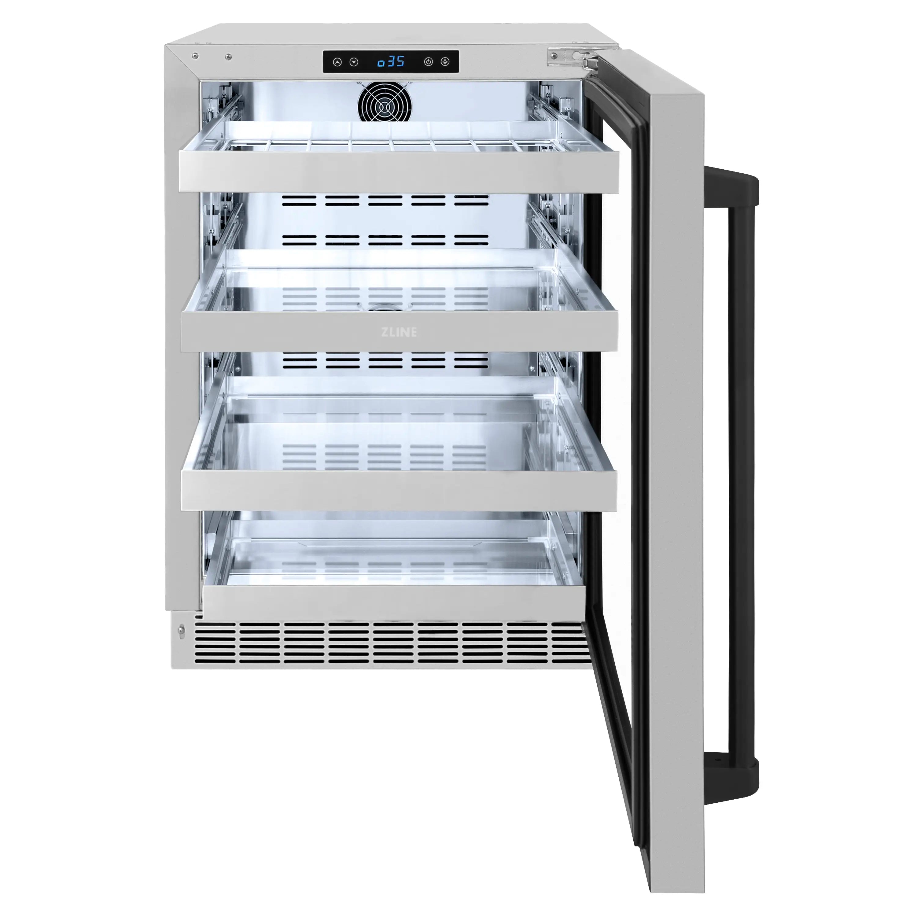 Built-in beverage refrigerator open door showing clear glass, interior shelves, black handle