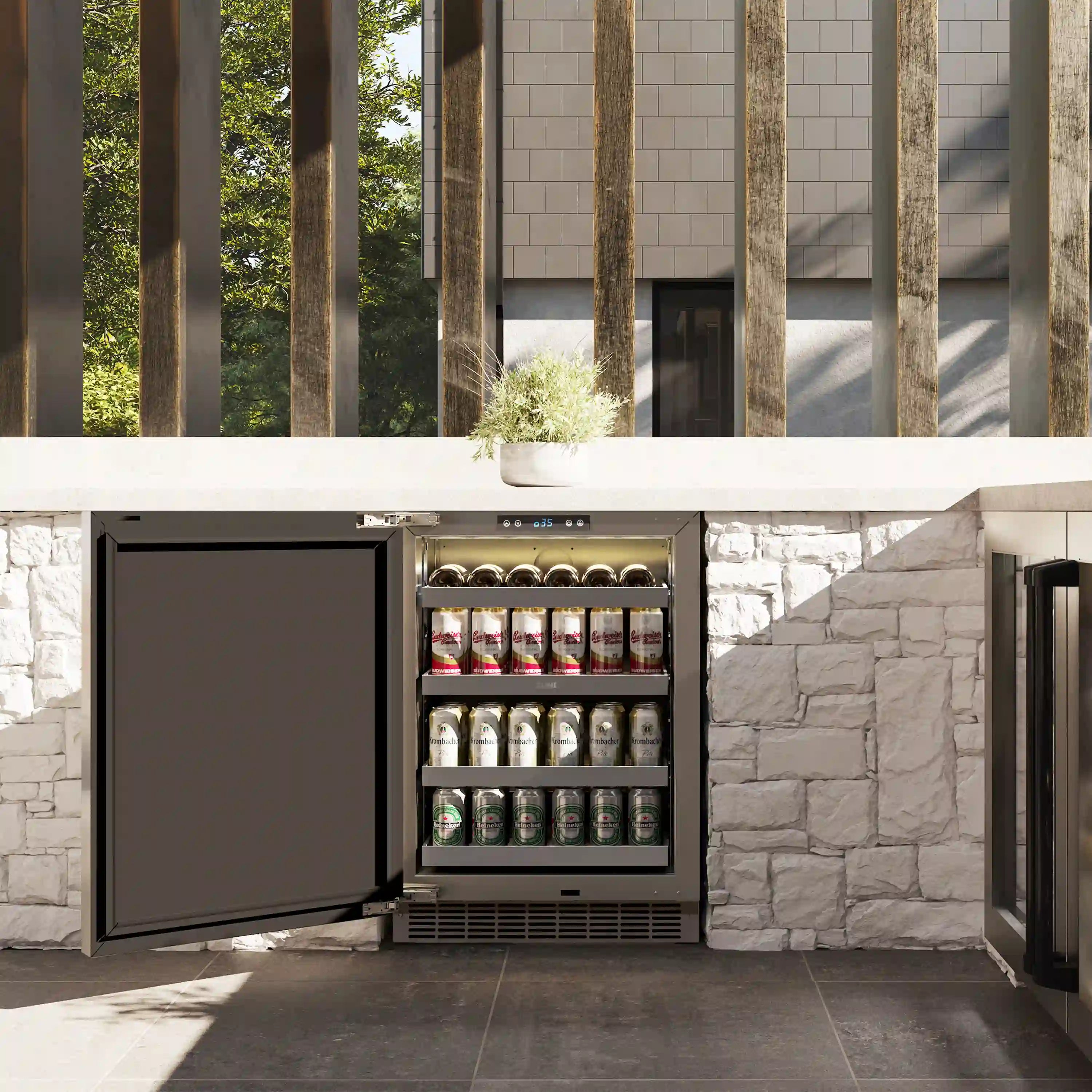 Beverage fridge with open solid door, interior shelves holding cans and bottles