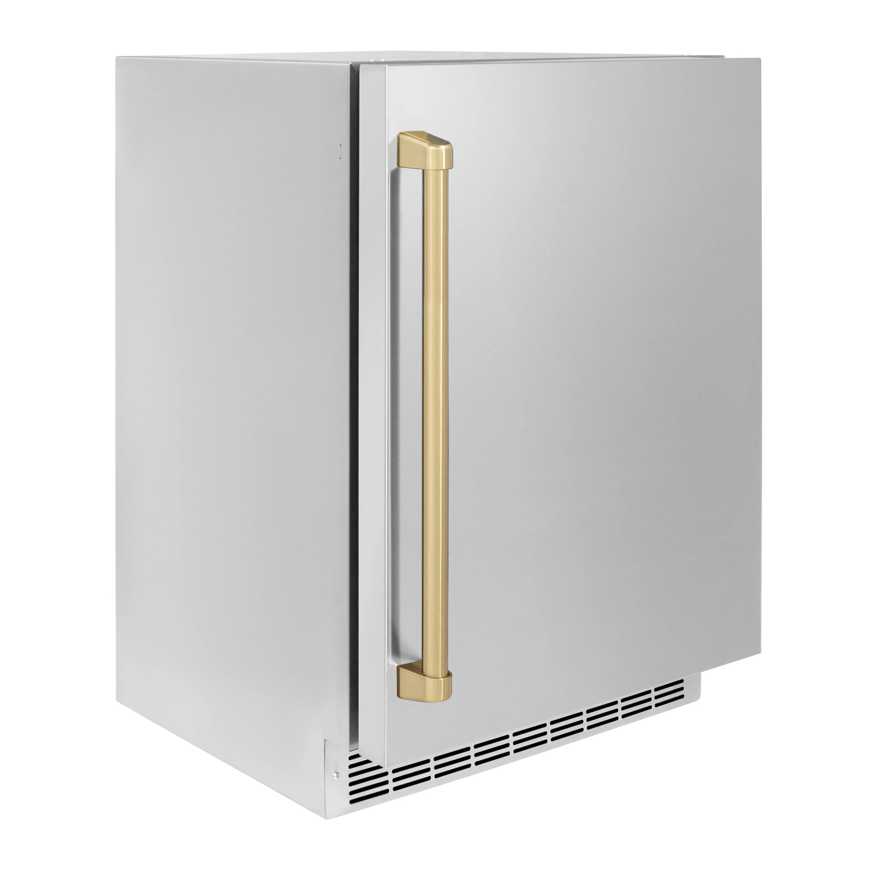 Beverage fridge side view showing champagne bronze vertical handle.