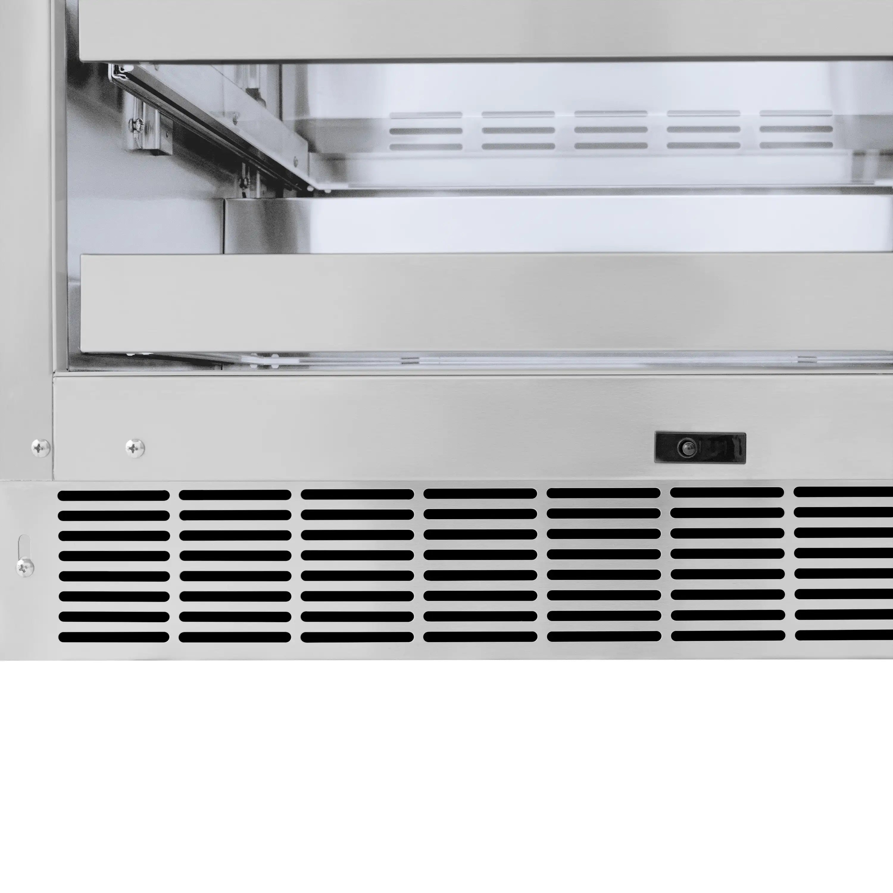 Stainless beverage fridge front vent panel with black grille and control area