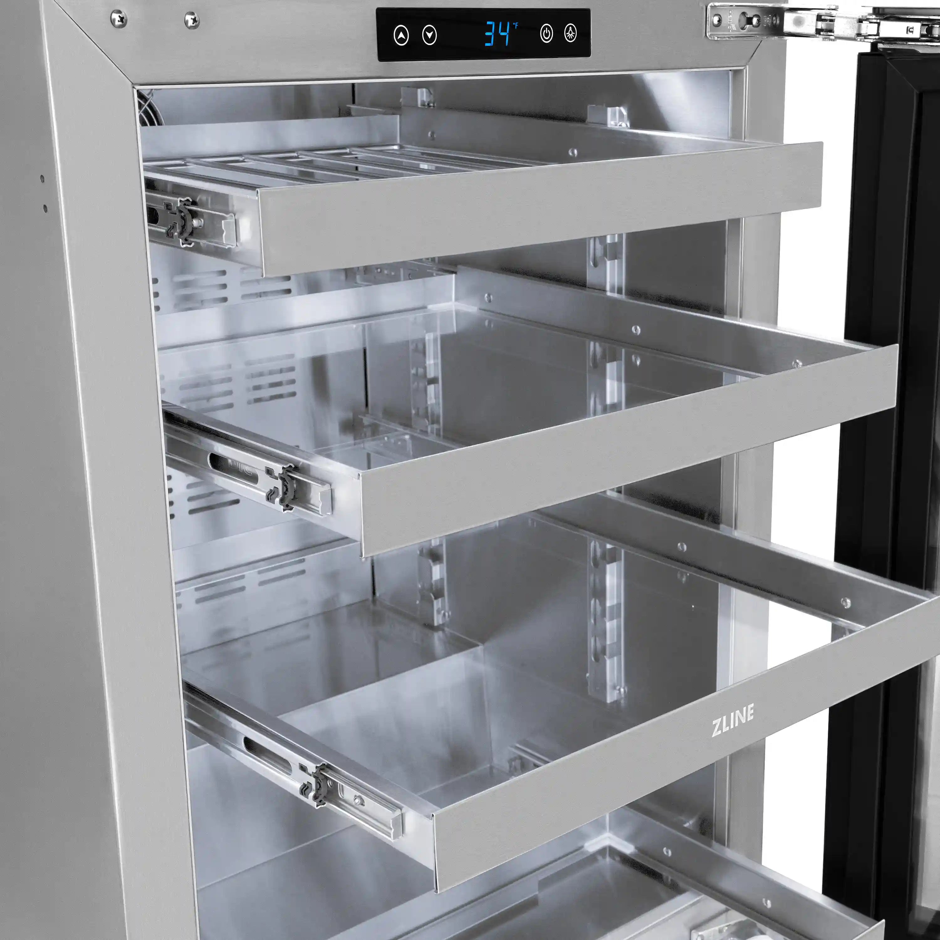 Open stainless beverage fridge interior with multiple shelves and side slide rails