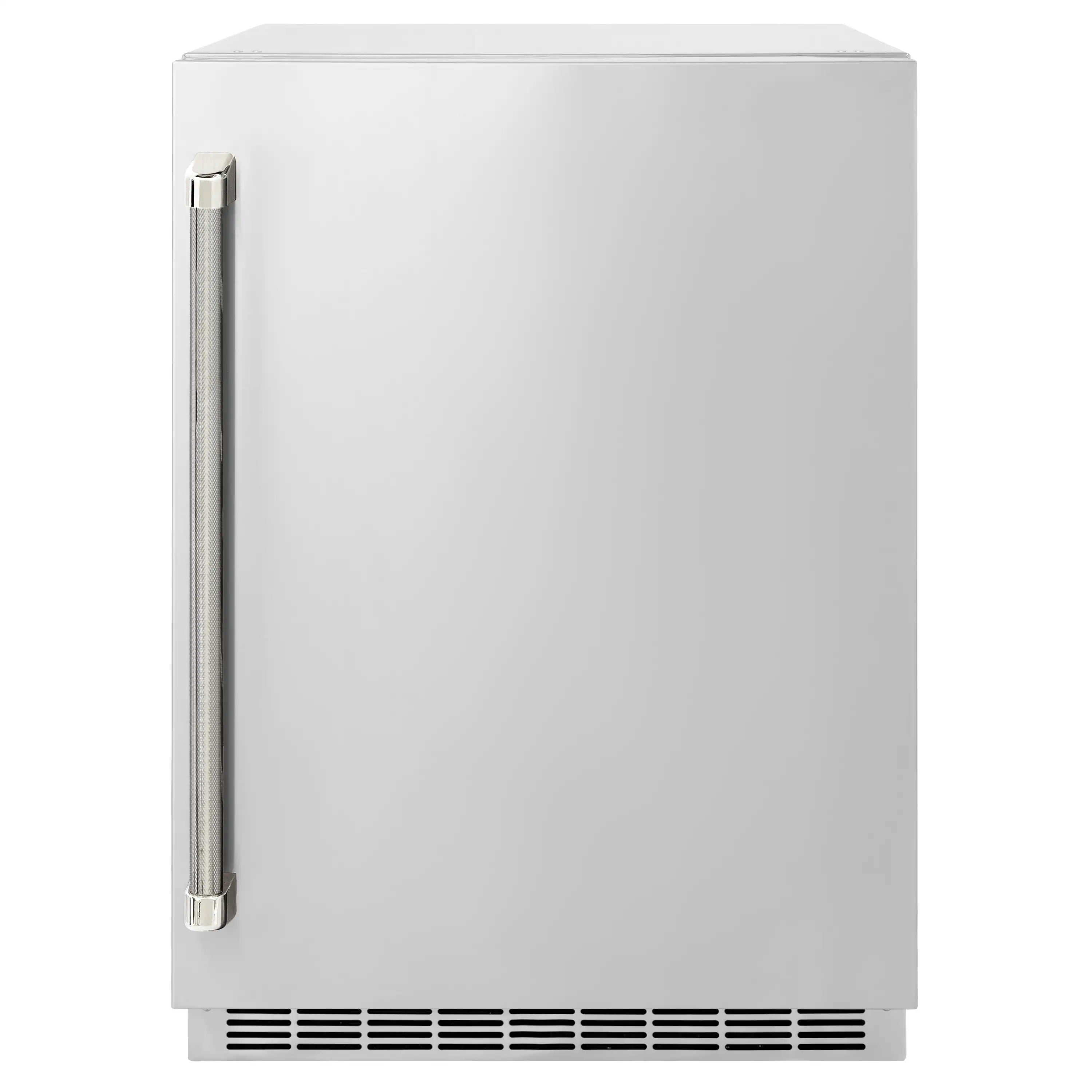 Stainless beverage fridge door with vertical nickel helix handle