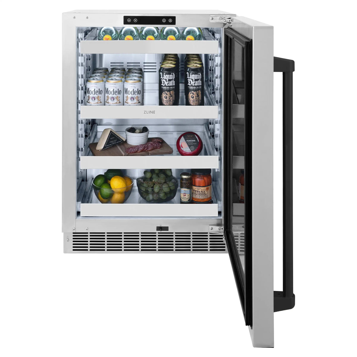 Built-in beverage refrigerator door open with stocked drinks and food shelves