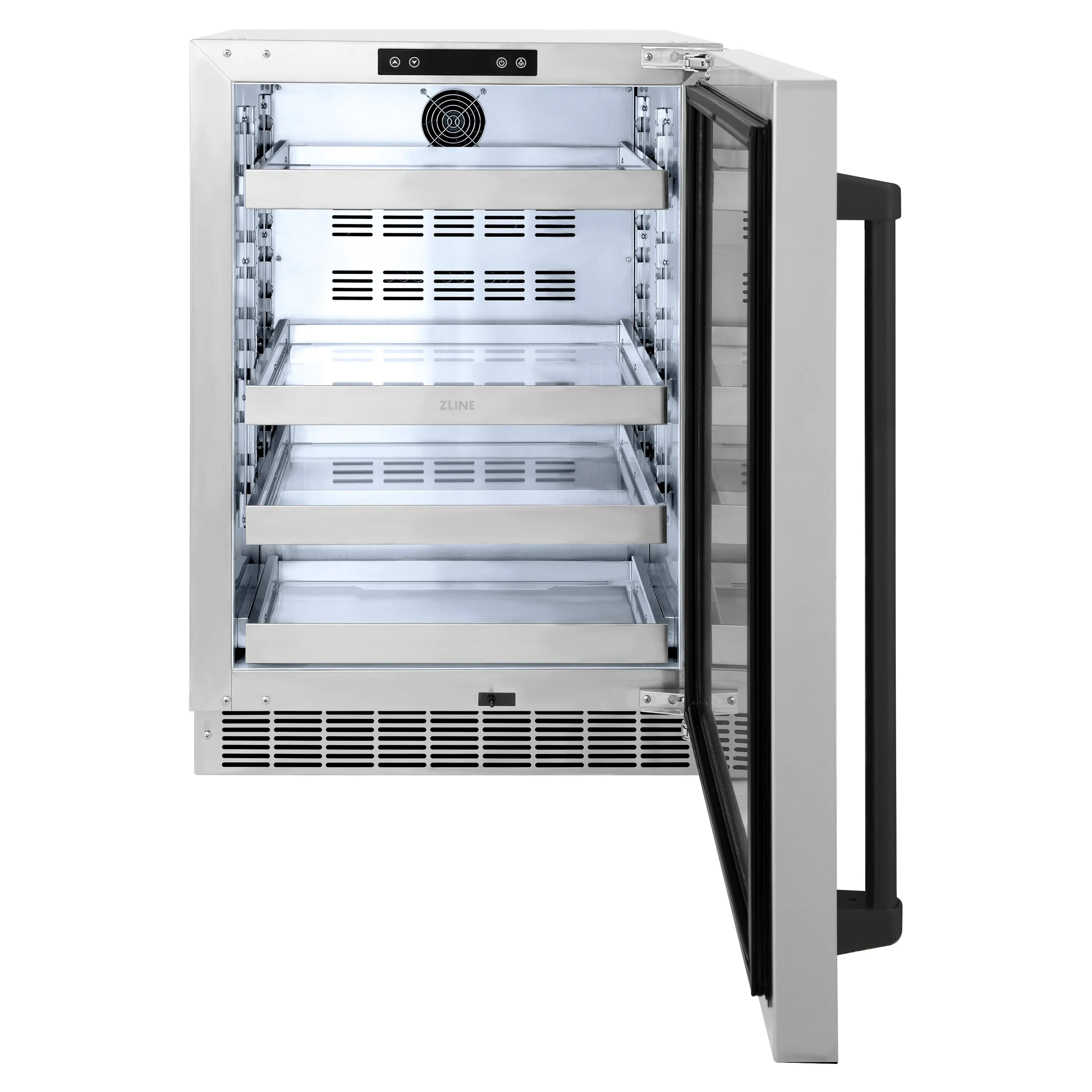 Built-in beverage refrigerator with open door and clear interior shelves