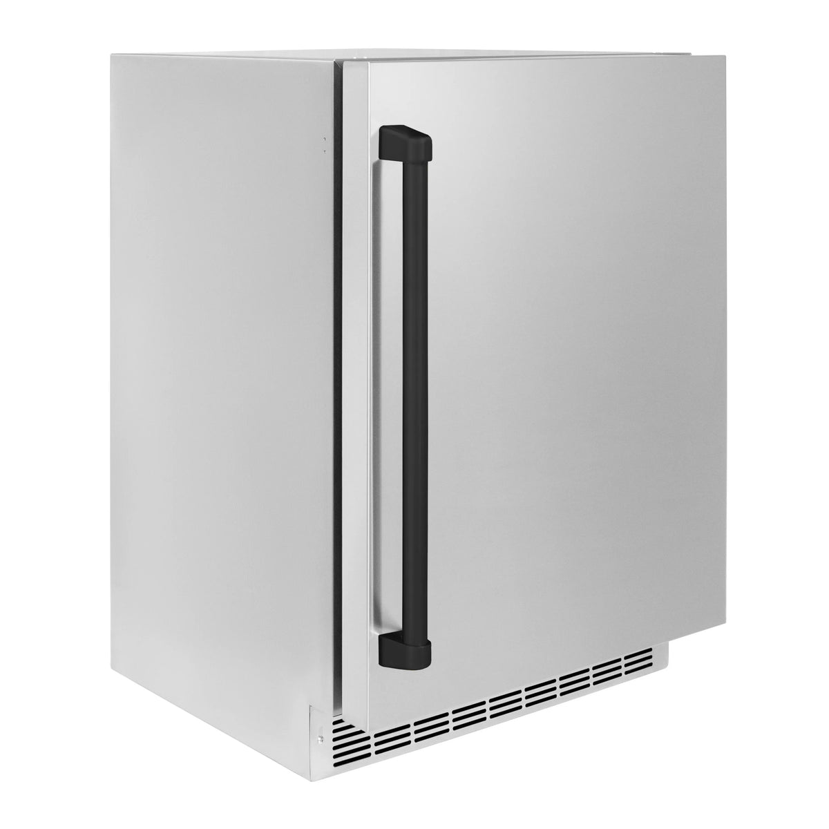 Stainless beverage refrigerator front with matte black handle and vented grille