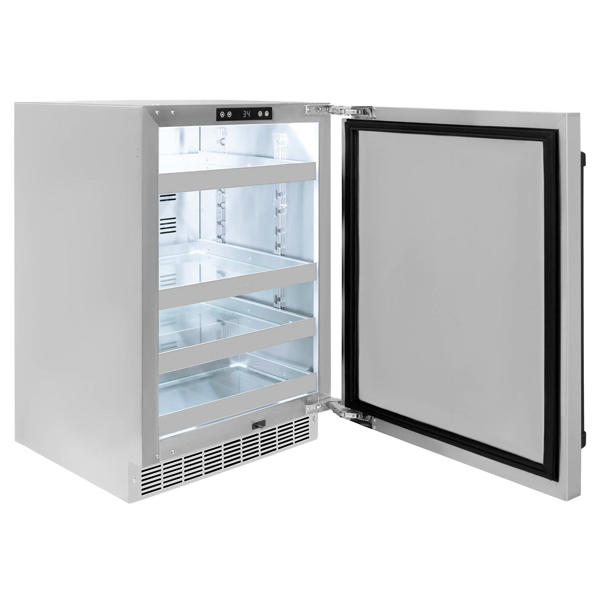 Stainless beverage refrigerator open door showing interior shelves and control area