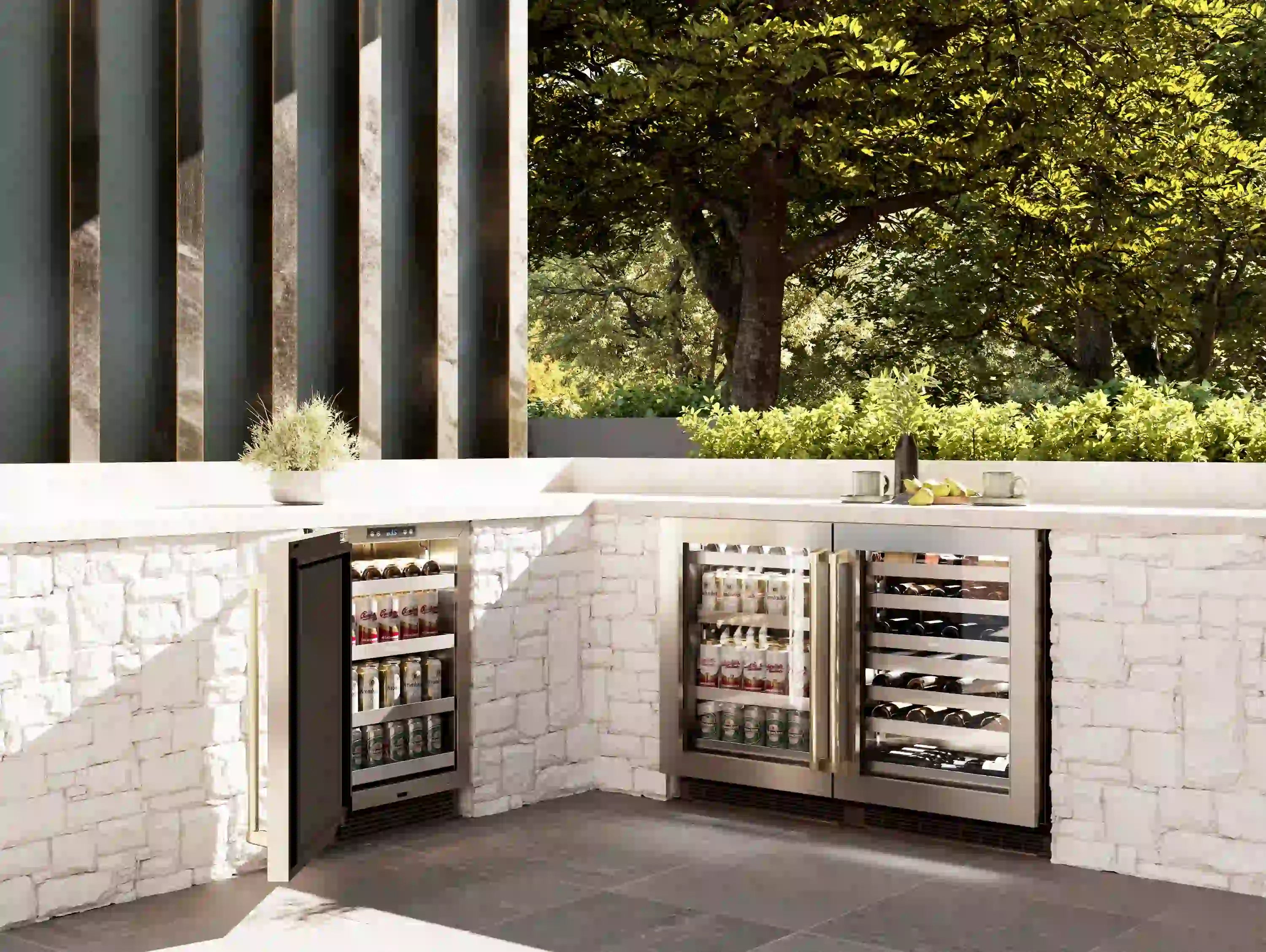 Built-in dual-zone wine cooler with glass doors and stainless steel cabinet