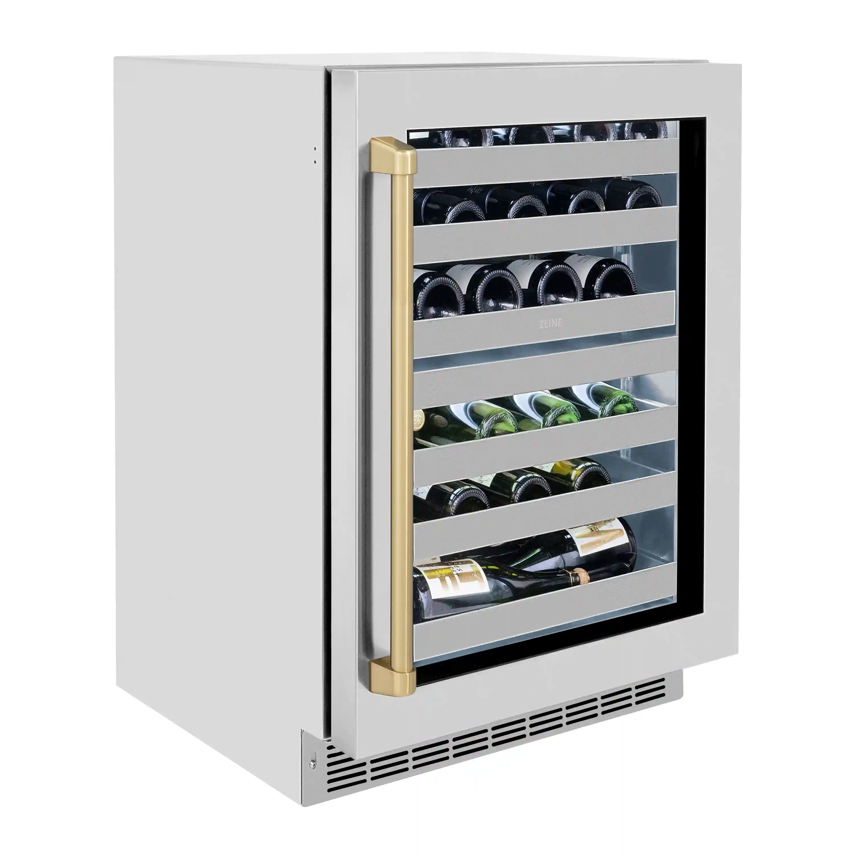 Wine cooler with open glass door, bottles on shelves, champagne bronze handle posts