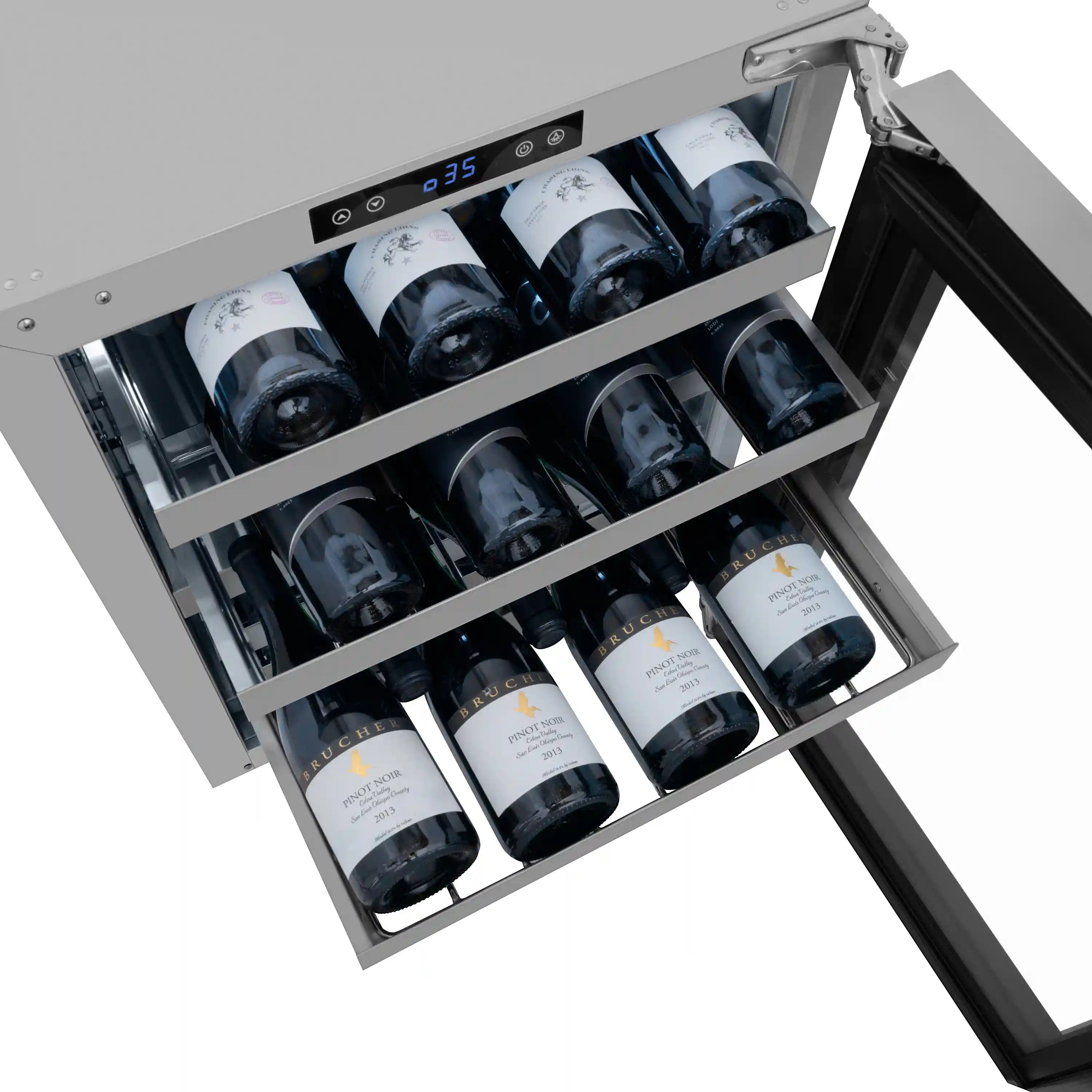 Stainless steel dual-zone wine cooler with glass door, displaying bottles on wire shelves