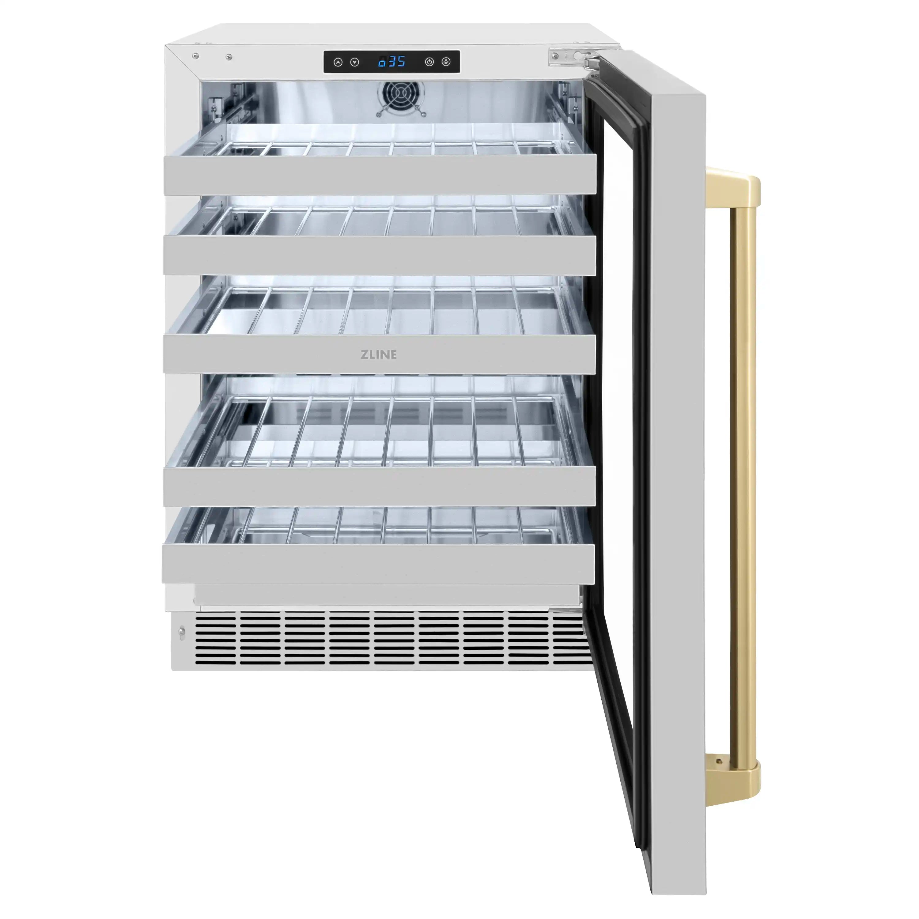 Dual-zone wine cooler with open door and illuminated wire shelves, stainless frame