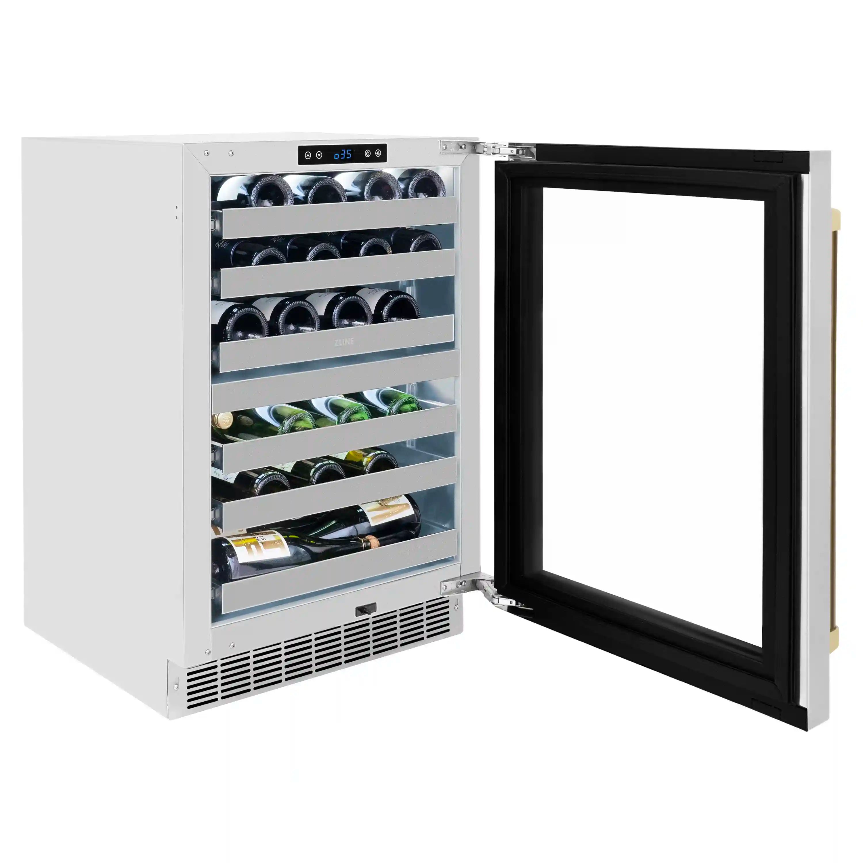 Built-in wine cooler with open door, bottles on shelves, black-framed glass window