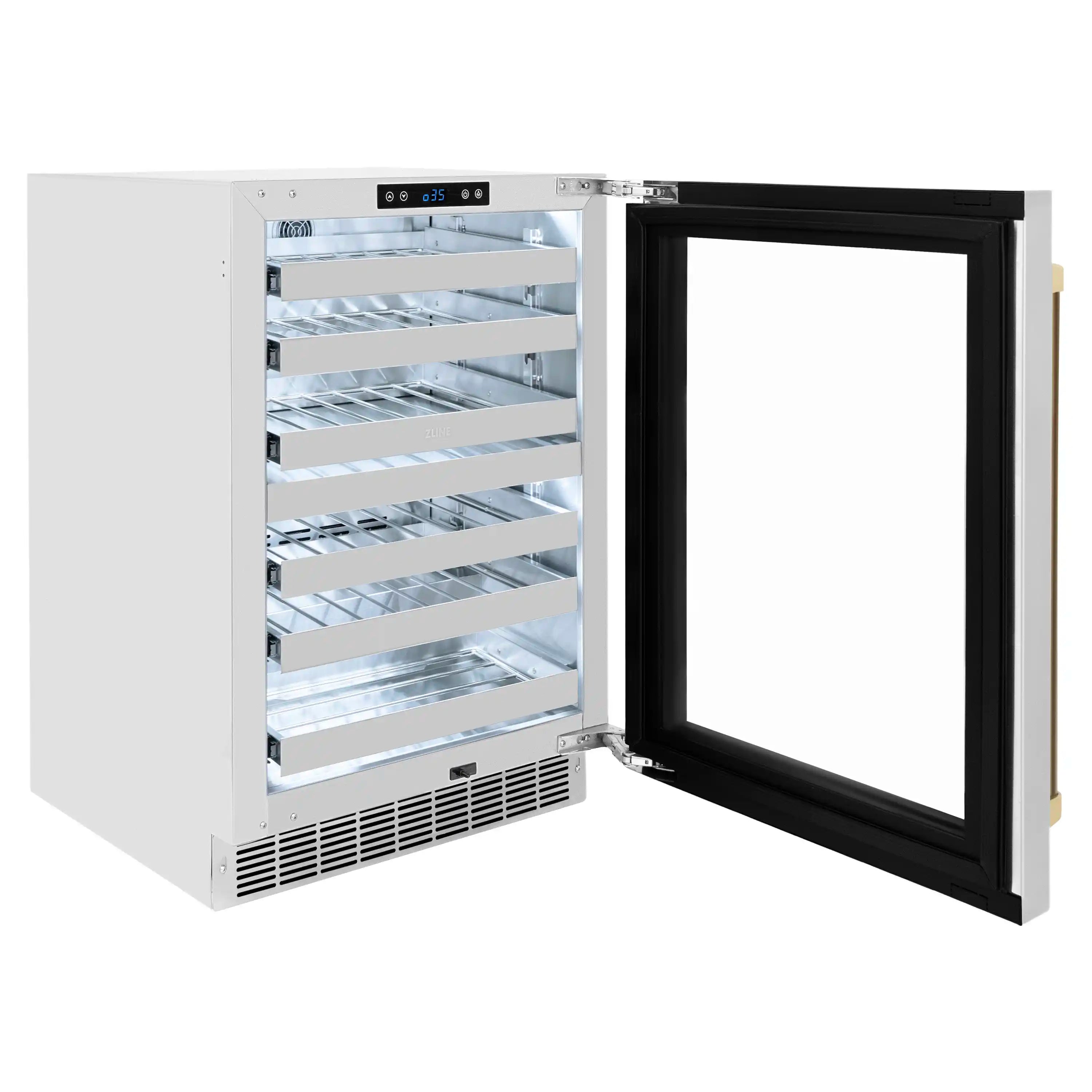 Built-in wine cooler with open door and empty wire shelves, black glass door frame