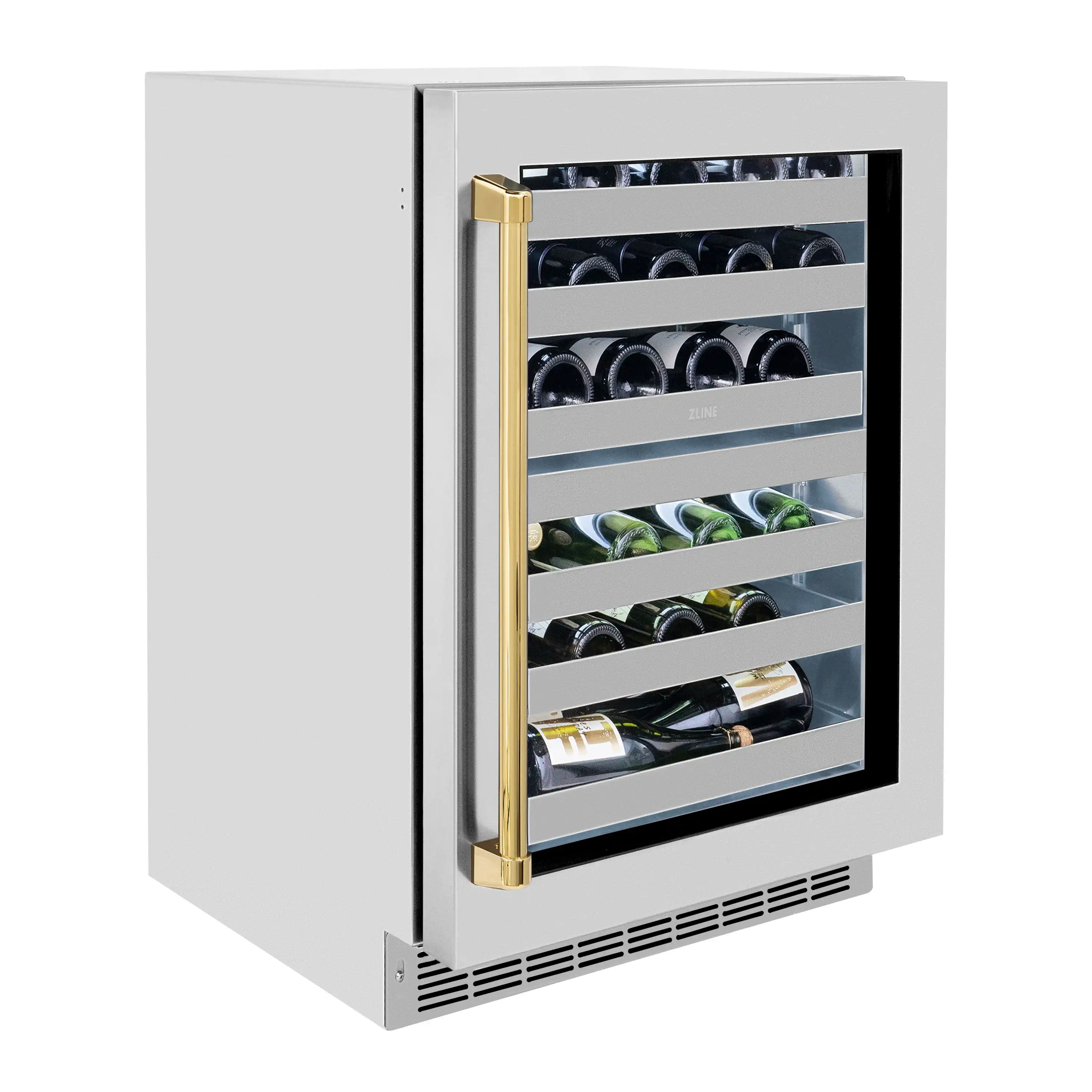 Wine cooler with glass door closed, wine bottles on stainless shelves, polished gold handle