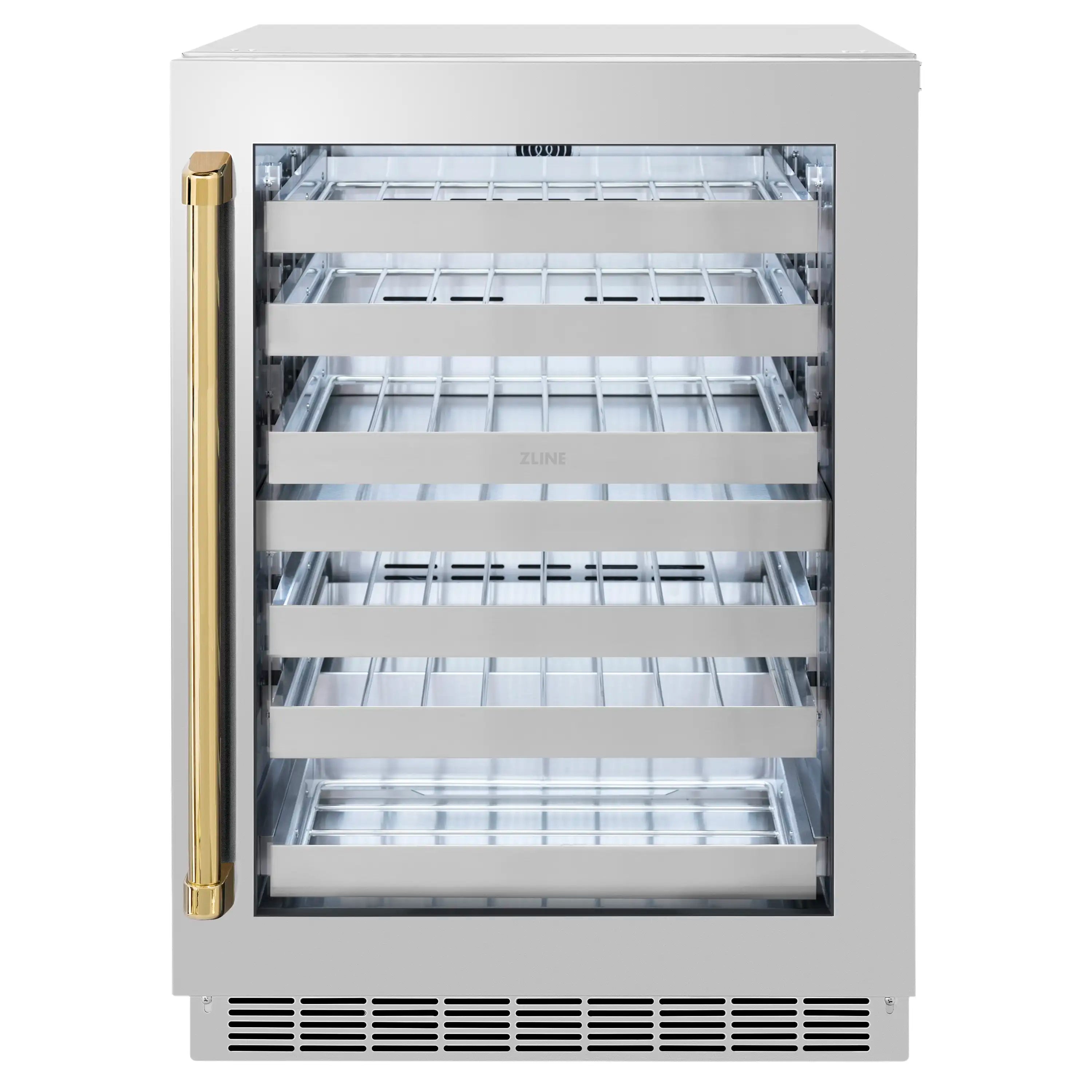 Dual-zone wine cooler with open glass door, stainless shelves, polished gold handle
