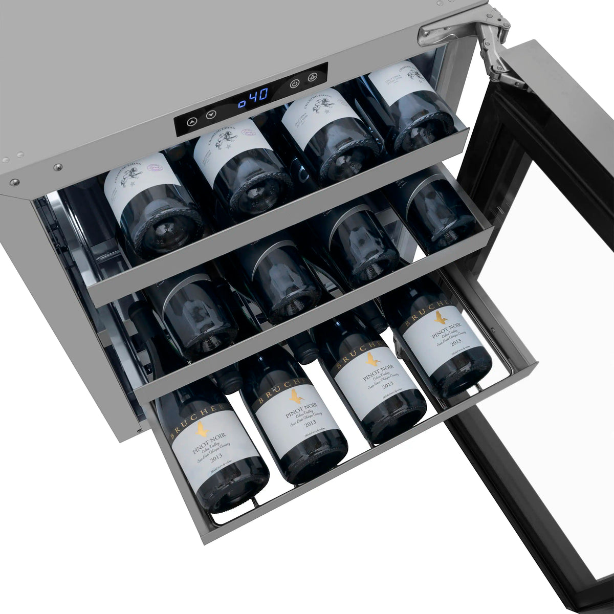 Dual-zone wine cooler with bottles on pull-out racks and open glass door