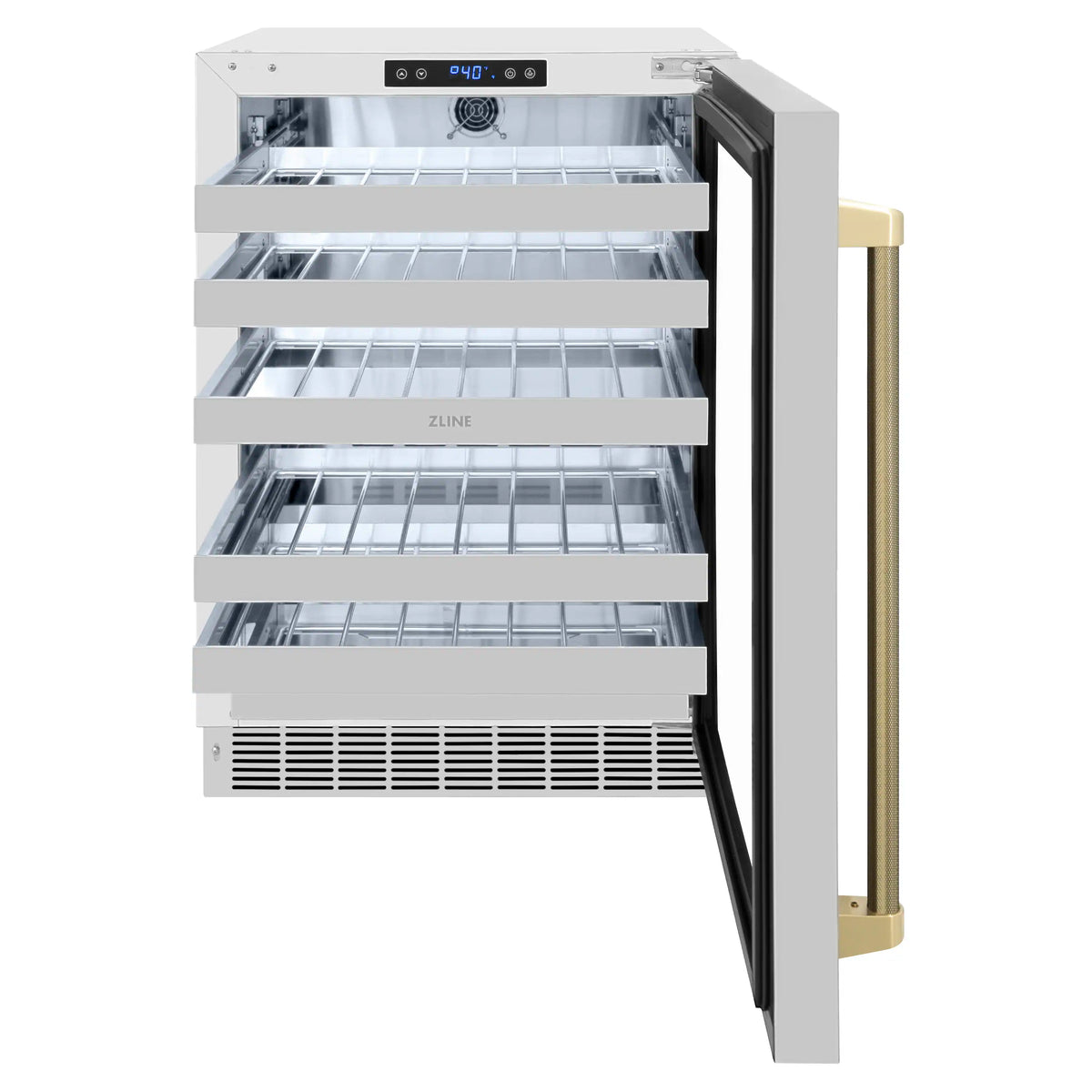 Stainless wine cooler with open door showing wire shelves and blue control panel
