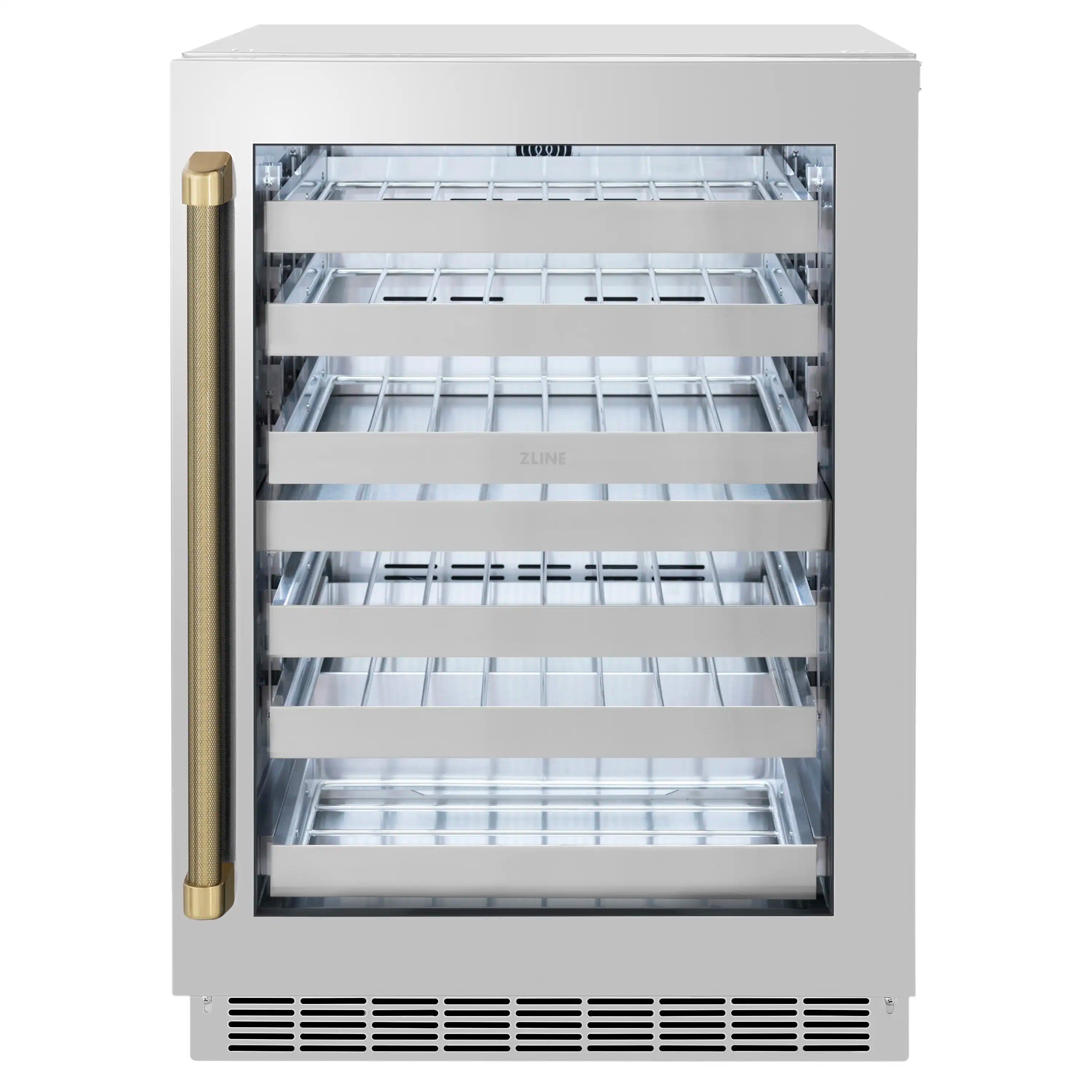 Wine cooler with glass door closed, open shelving visible through smoked glass