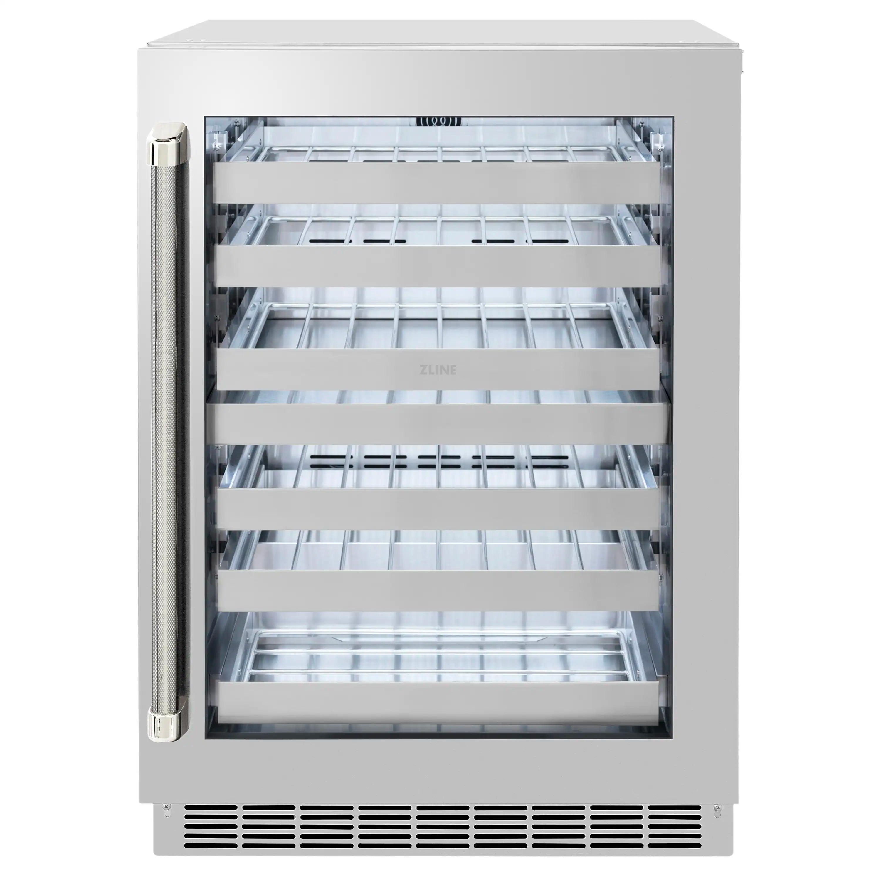 Wine cooler front view with black frame door open and multiple wire shelves inside