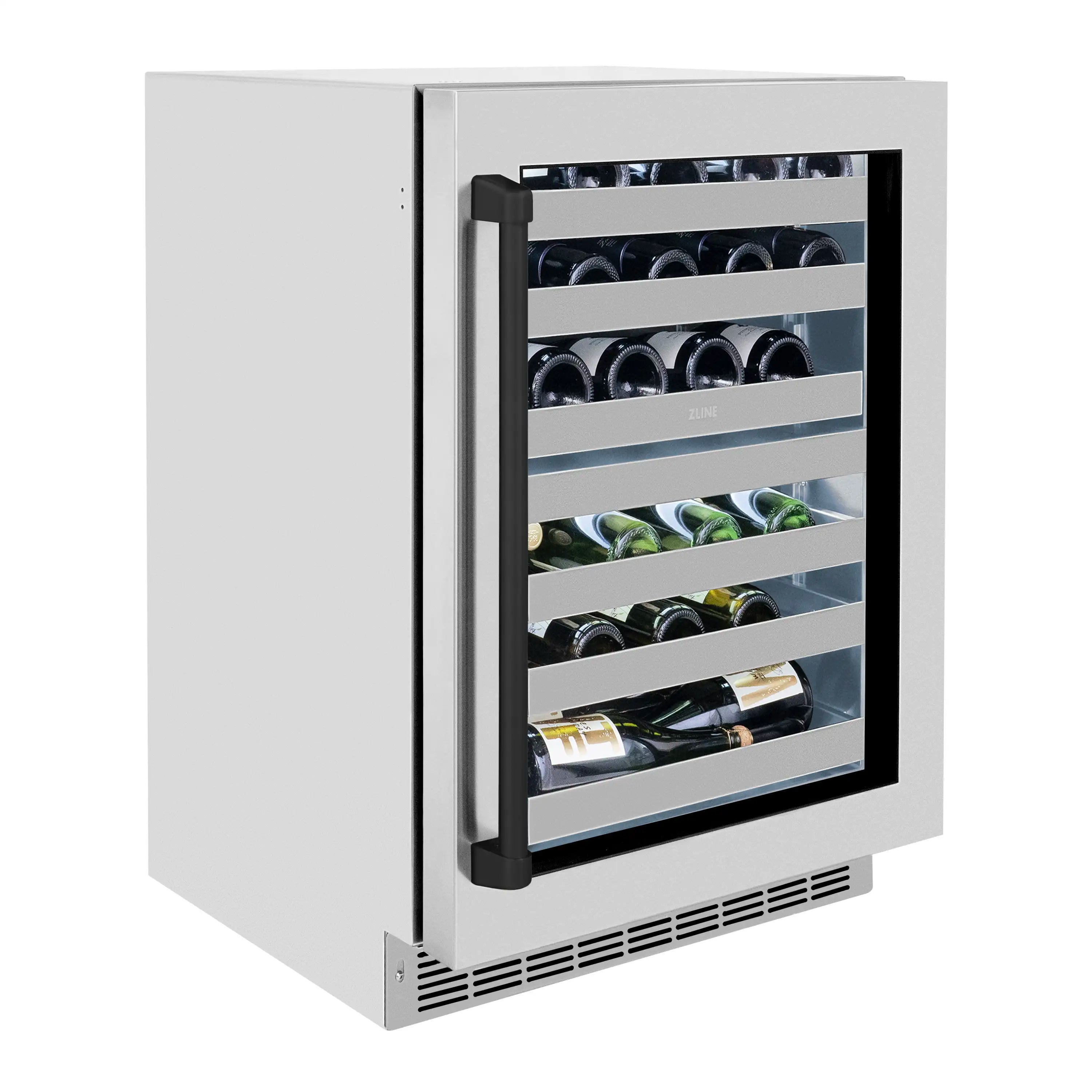 Compact wine cooler with glass door, interior shelves holding wine bottles and stainless frame