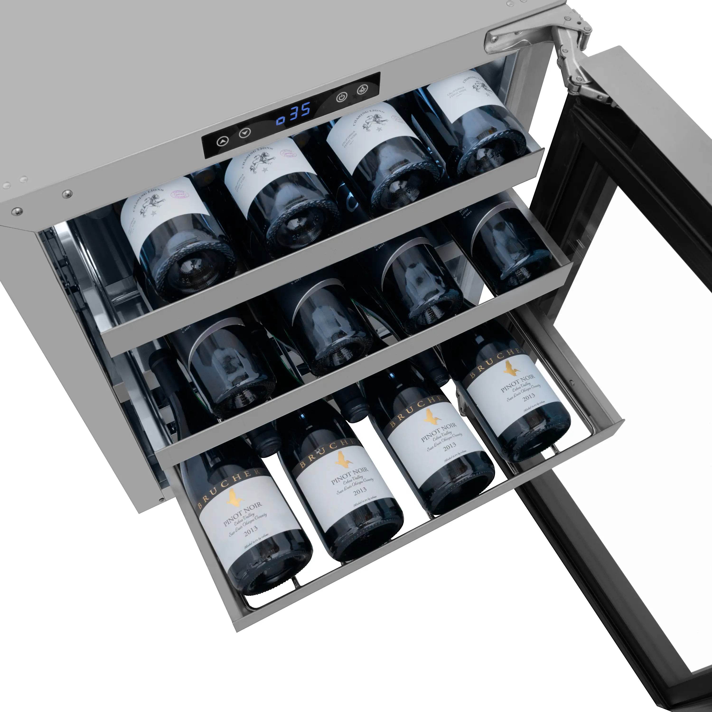Open wine cooler with bottles on sliding racks, showing interior compartments