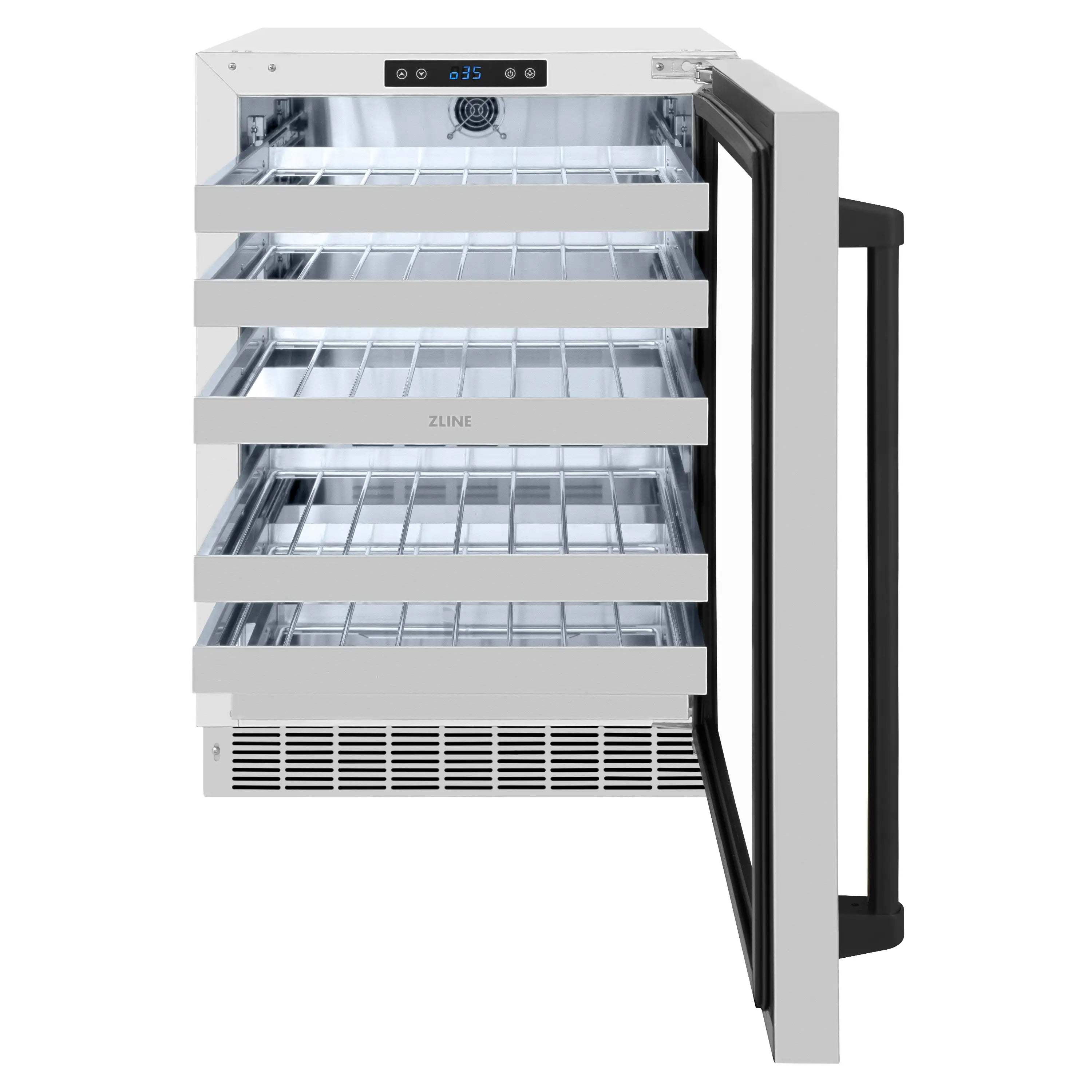Front view of open stainless wine cooler with glass door and matte black handle