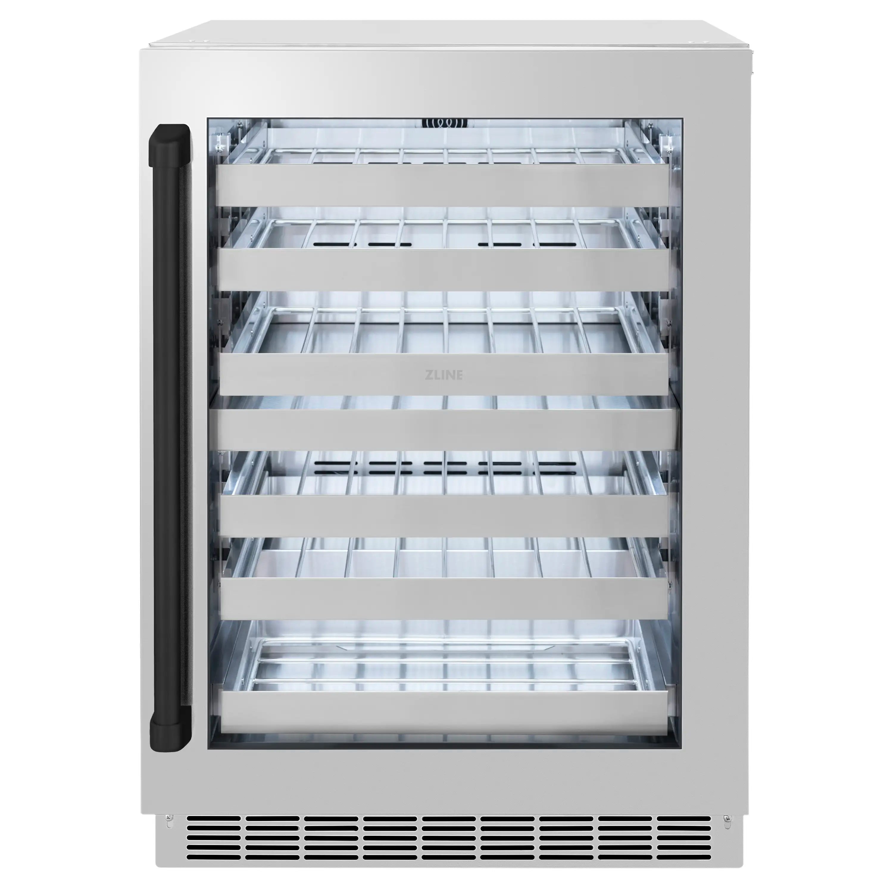 24-inch wine cooler with stainless glass door and matte black handle, interior bottle racks