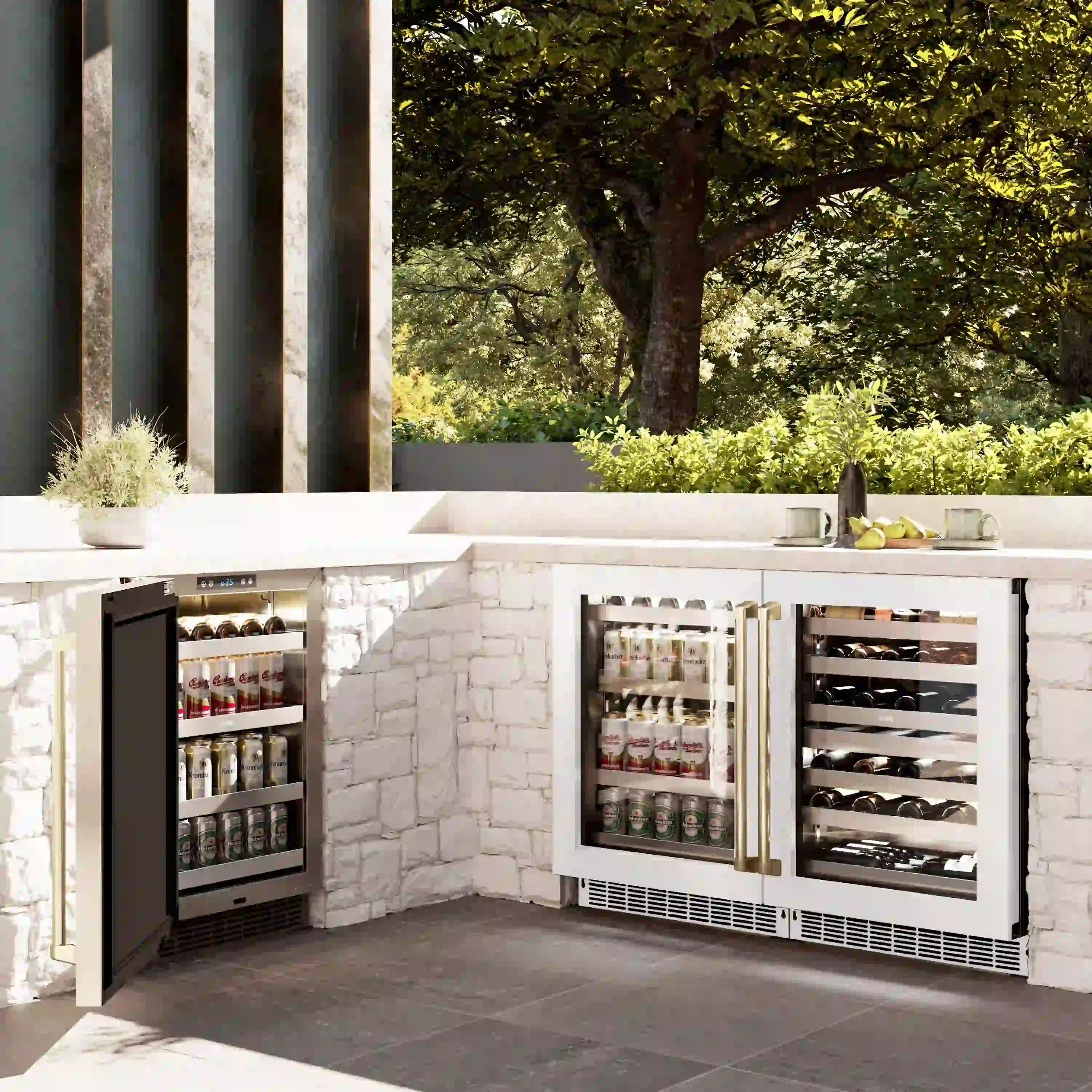 Built-in white wine cooler with glass doors open, dual-zone racks for bottles