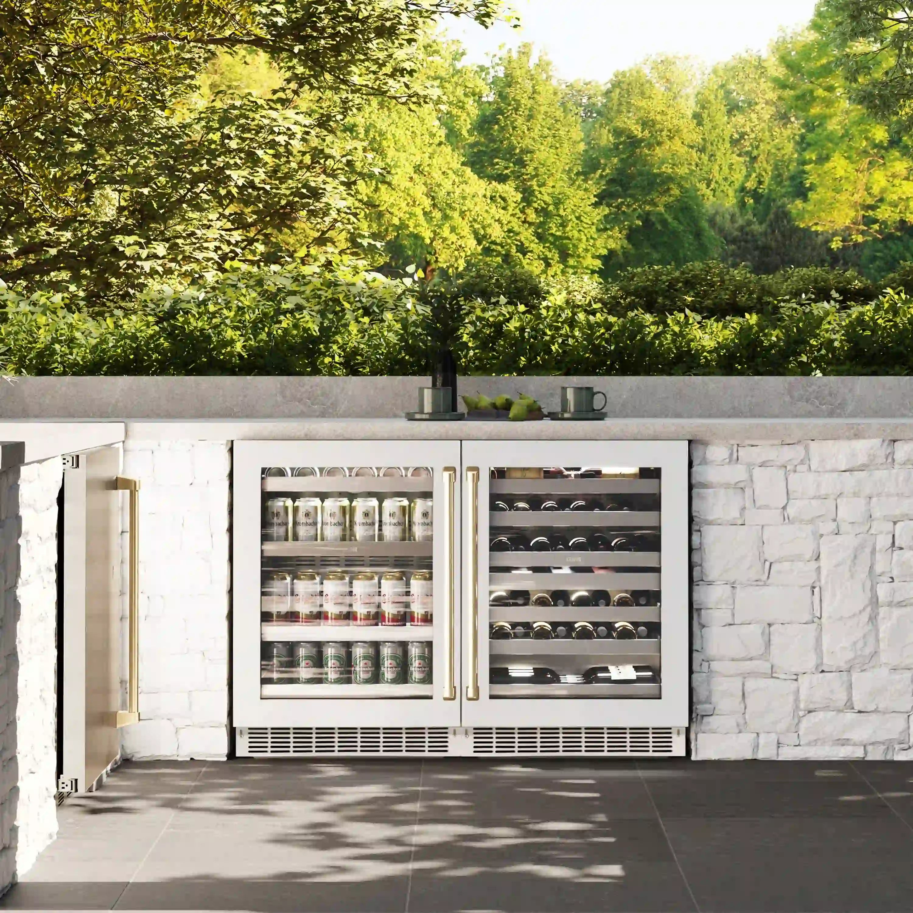 Outdoor built-in beverage fridge with two glass doors and white cabinet frame